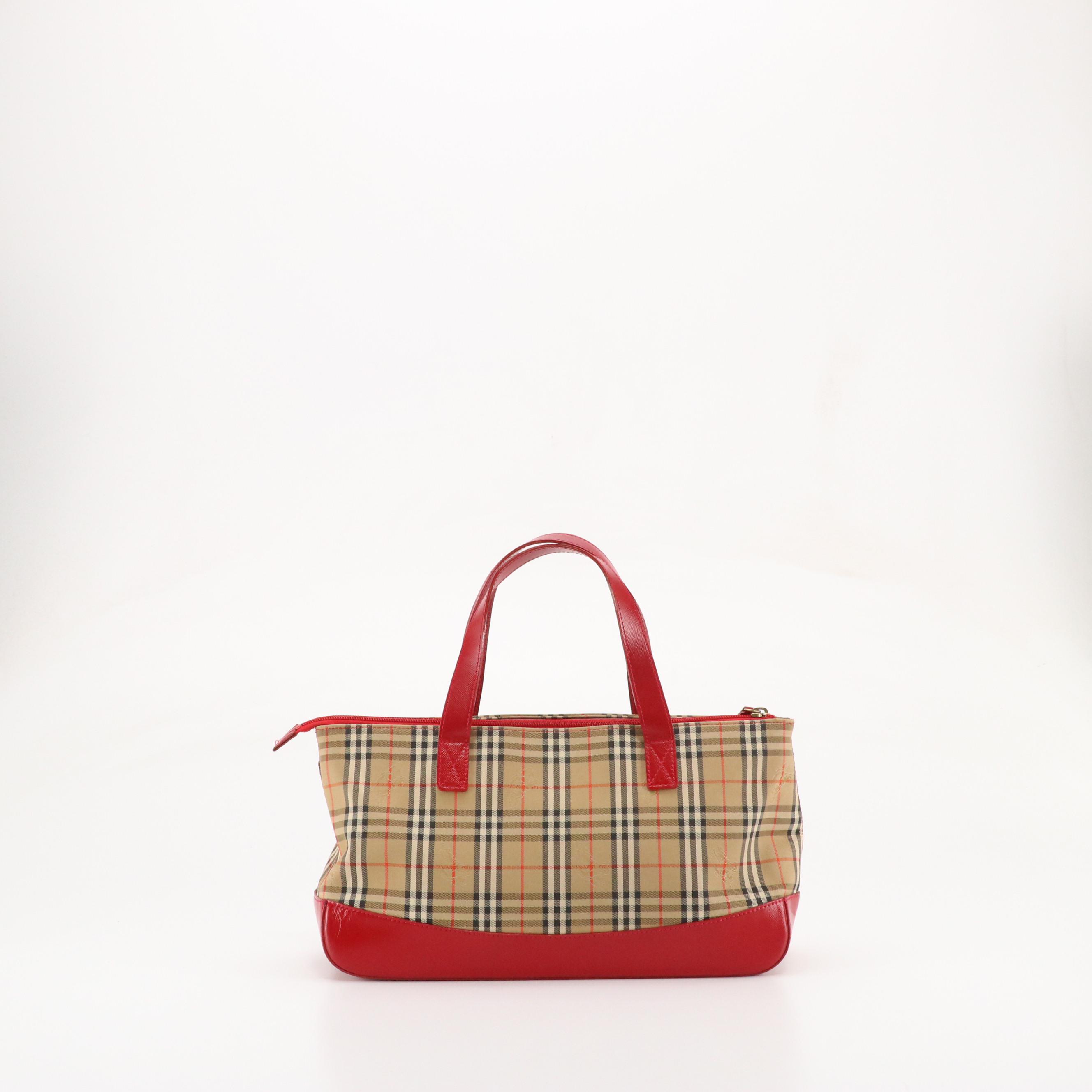 Burberrys Handbag in Haymarket Check Canvas and Red Saffiano Leather Trim