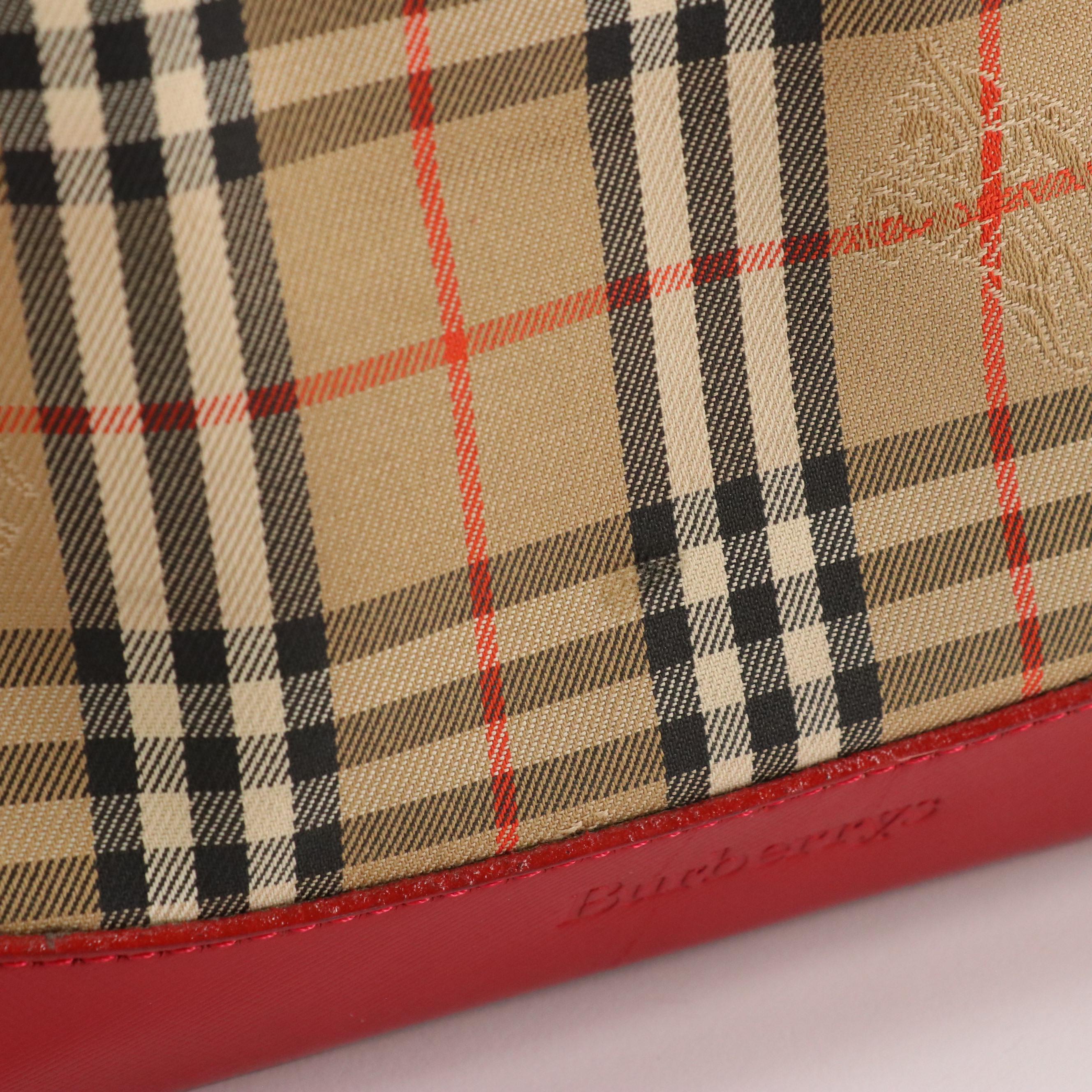 Burberrys Handbag in Haymarket Check Canvas and Red Saffiano Leather Trim