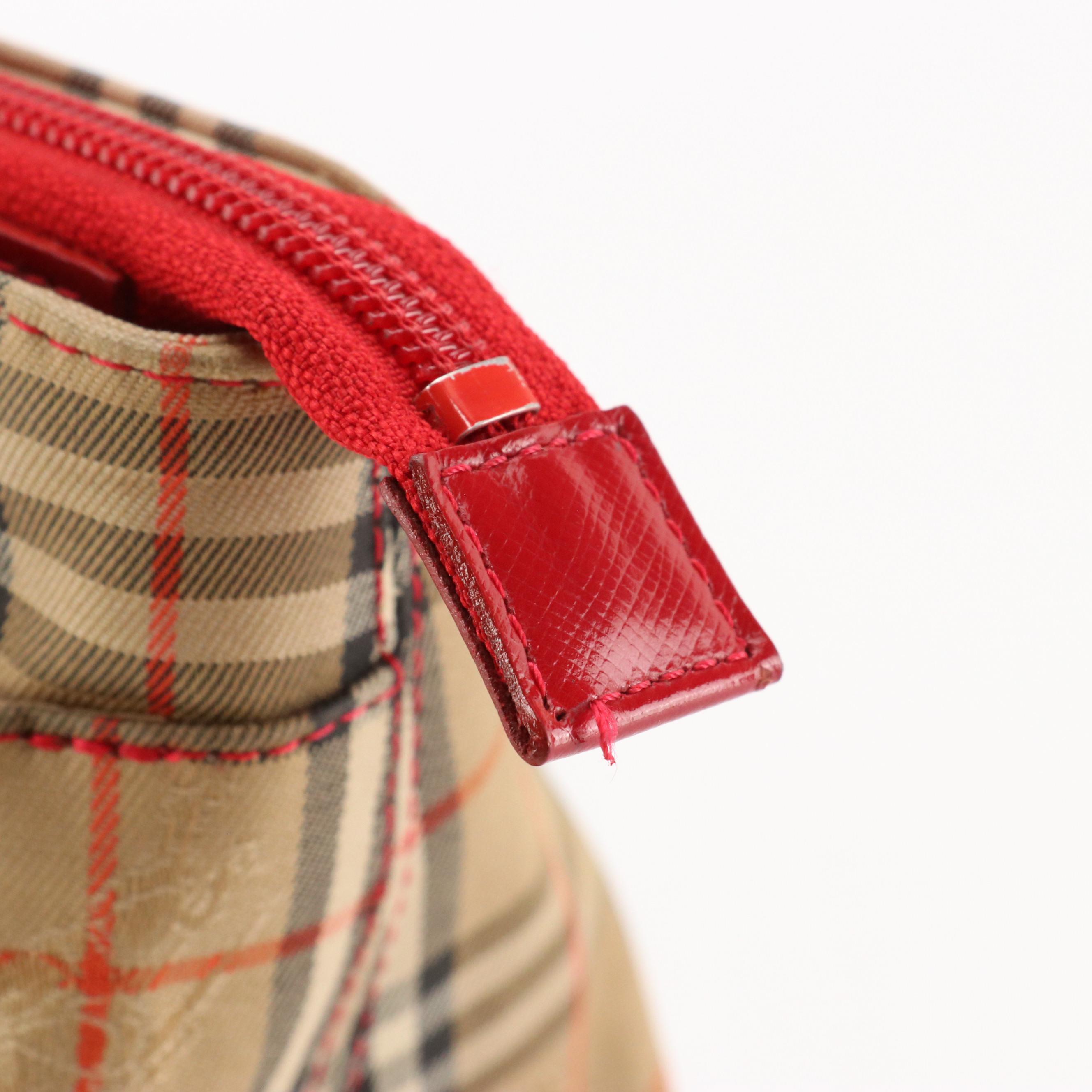 Burberrys Handbag in Haymarket Check Canvas and Red Saffiano Leather Trim