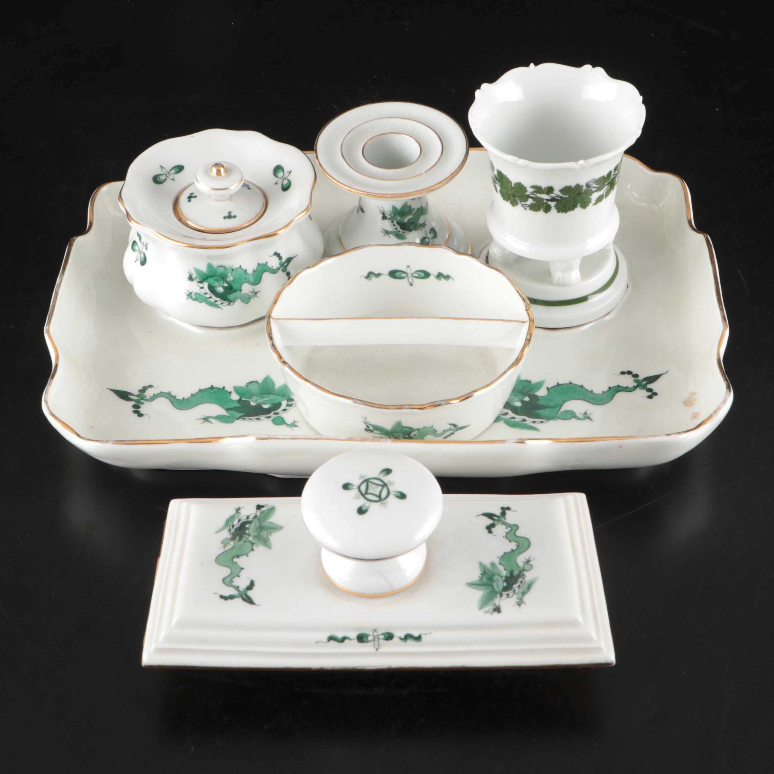Meissen "Ornate Dragon" Desk Set with "Full Green Vine" Urn Shaped Vase