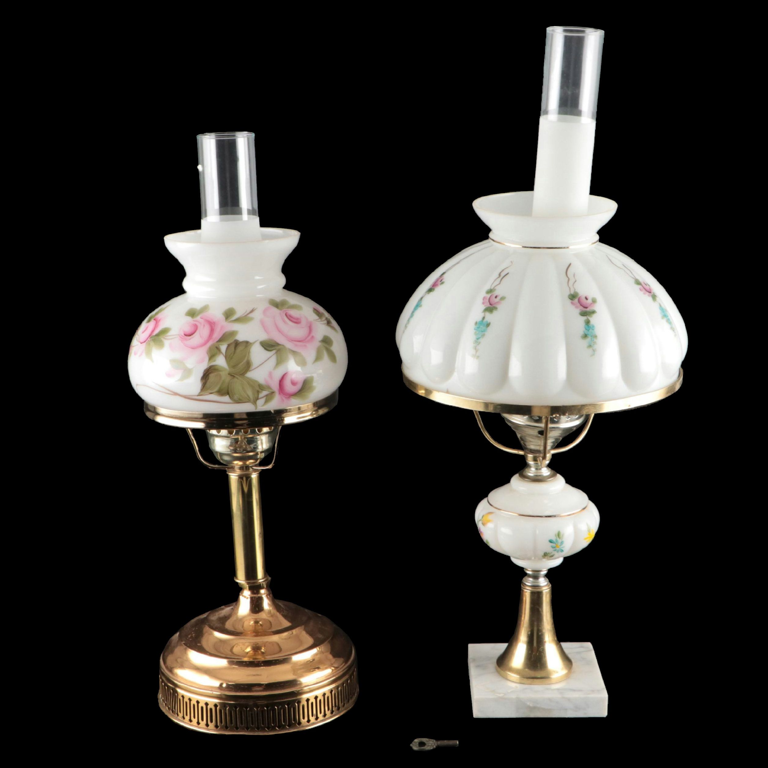 Hand-Painted Floral Milk Glass Table Lamps