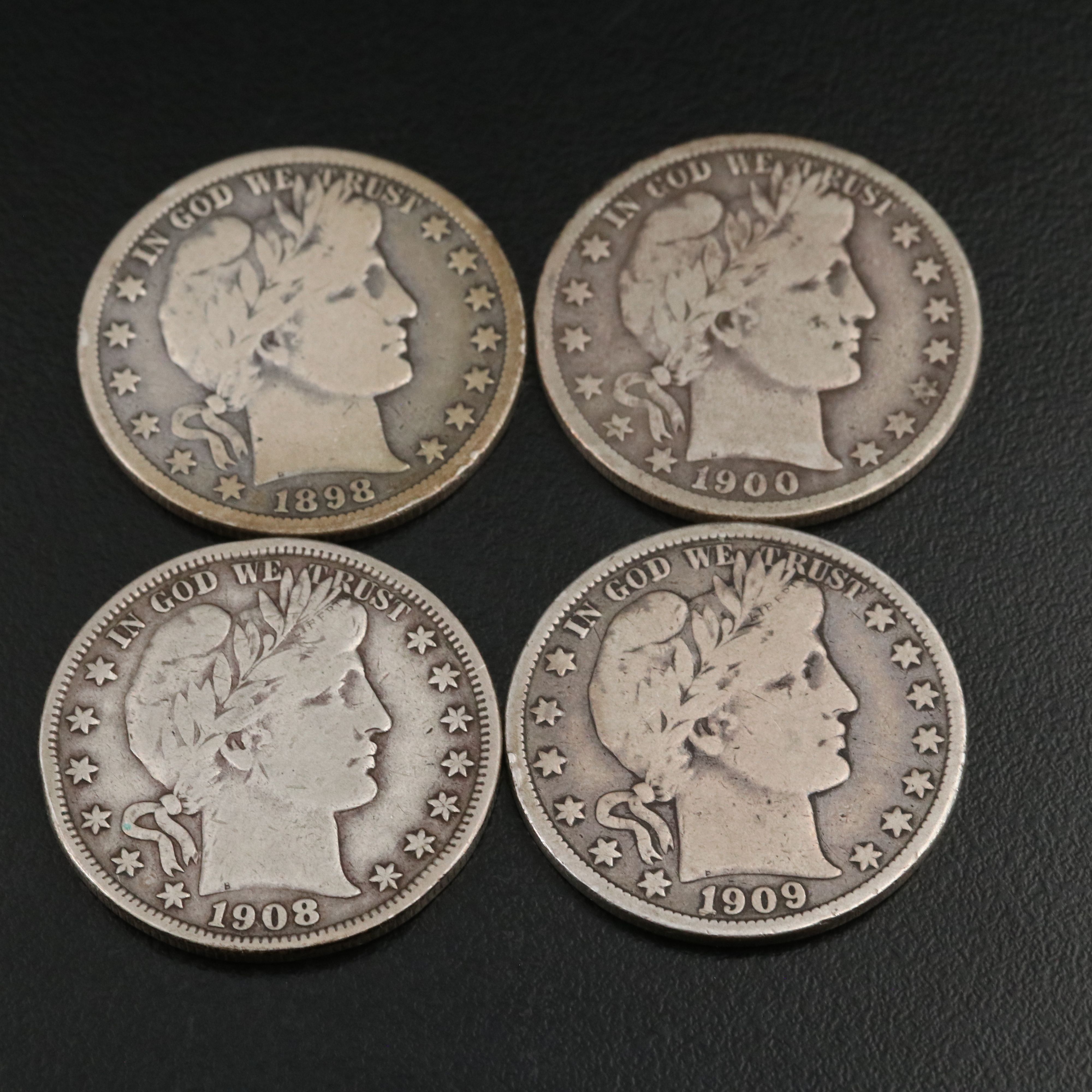 Four Barber Half Dollars with Full Rims, 1898-O 1900-O, 1908-O, and 1909-O