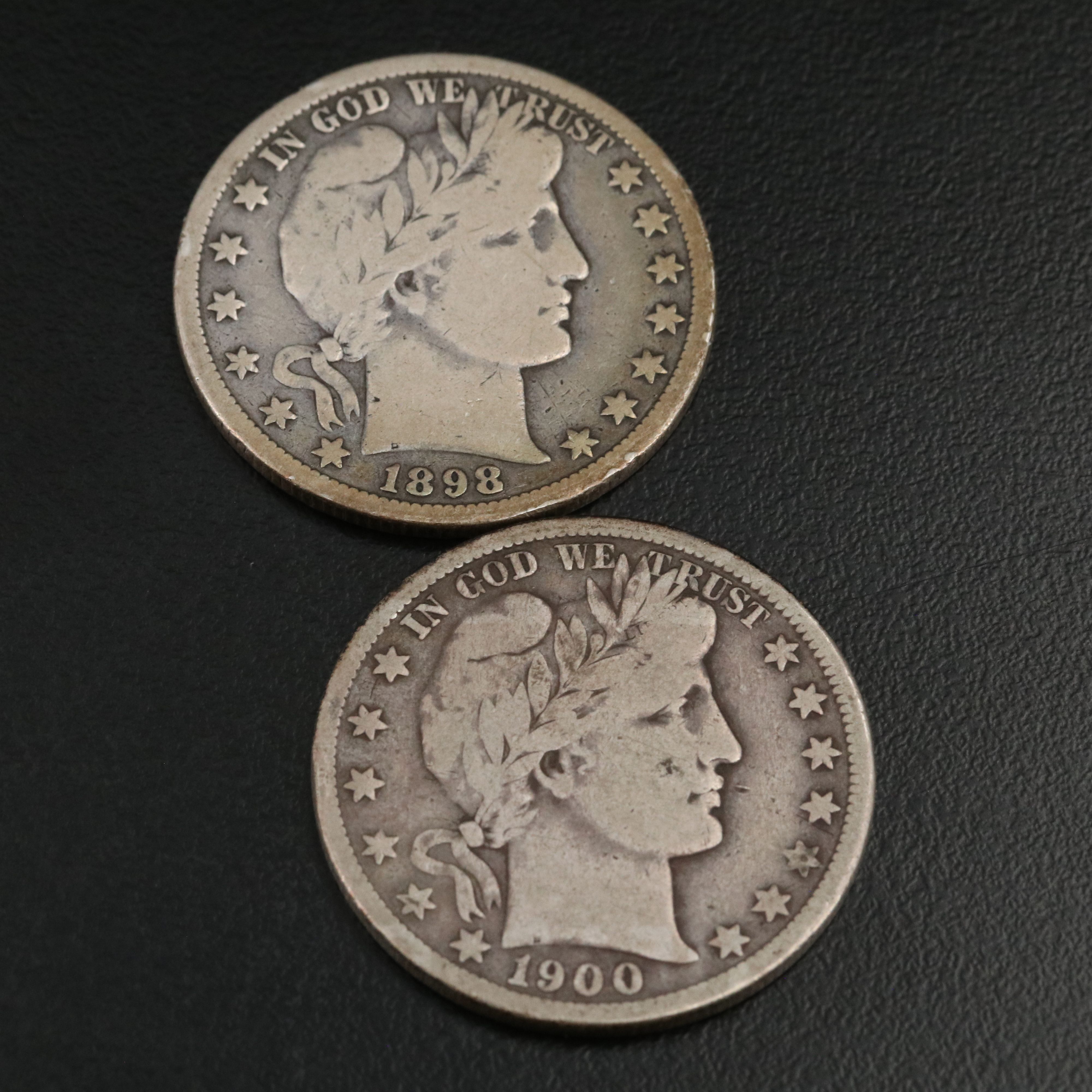 Four Barber Half Dollars with Full Rims, 1898-O 1900-O, 1908-O, and 1909-O
