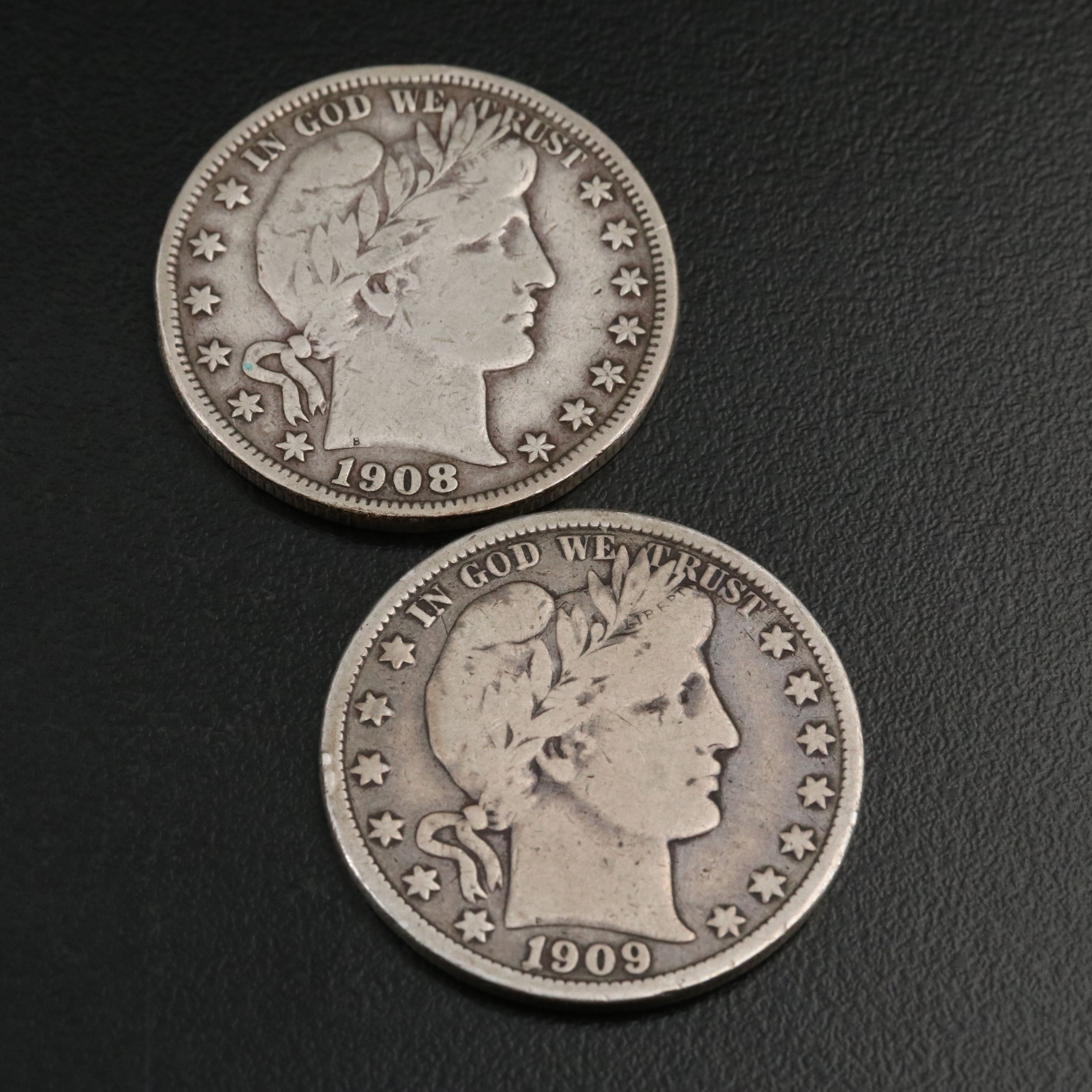 Four Barber Half Dollars with Full Rims, 1898-O 1900-O, 1908-O, and 1909-O