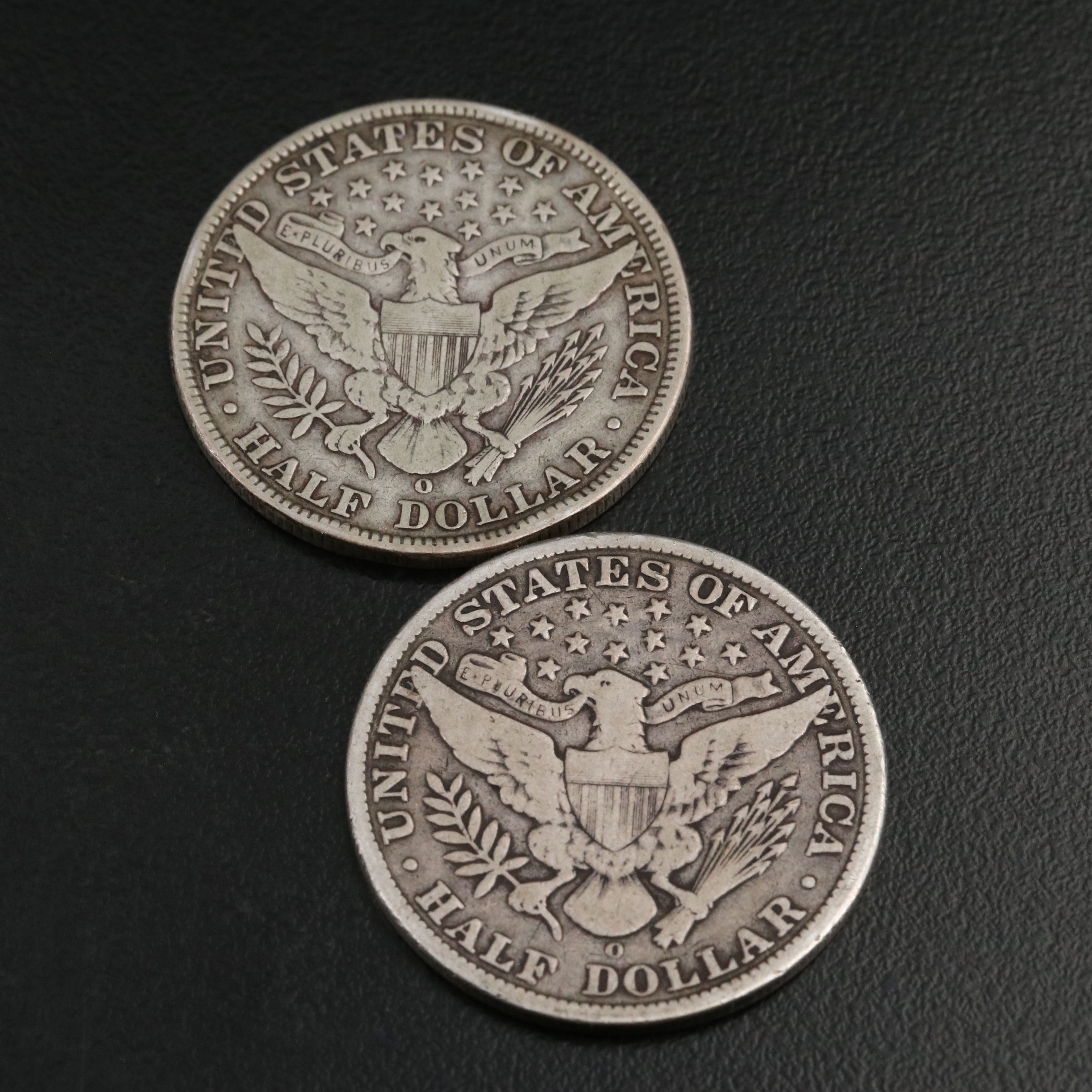 Four Barber Half Dollars with Full Rims, 1898-O 1900-O, 1908-O, and 1909-O