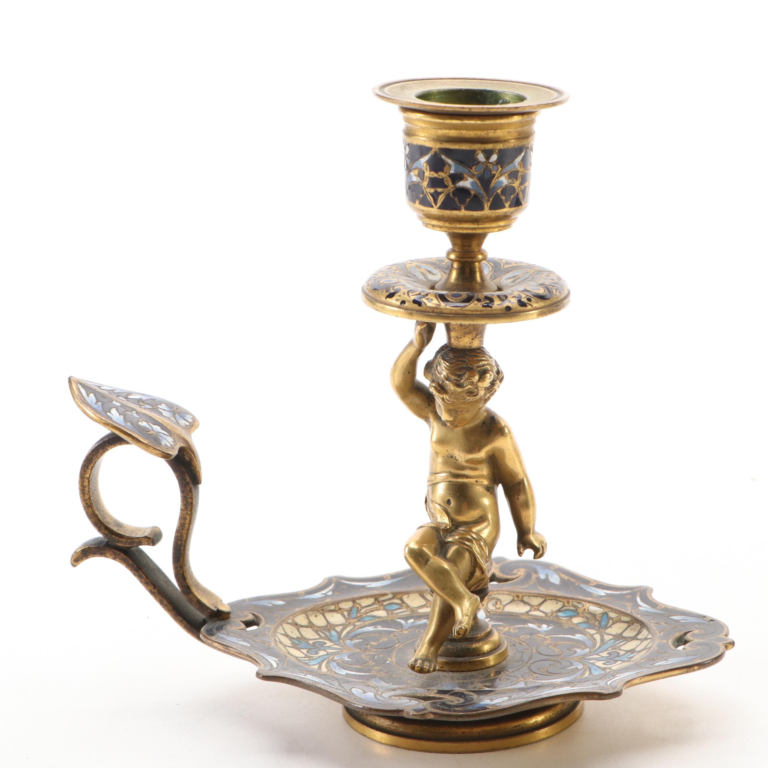 Napoleon III Style Cloisonné Figural Chamberstick and Art Nouveau Style Vase