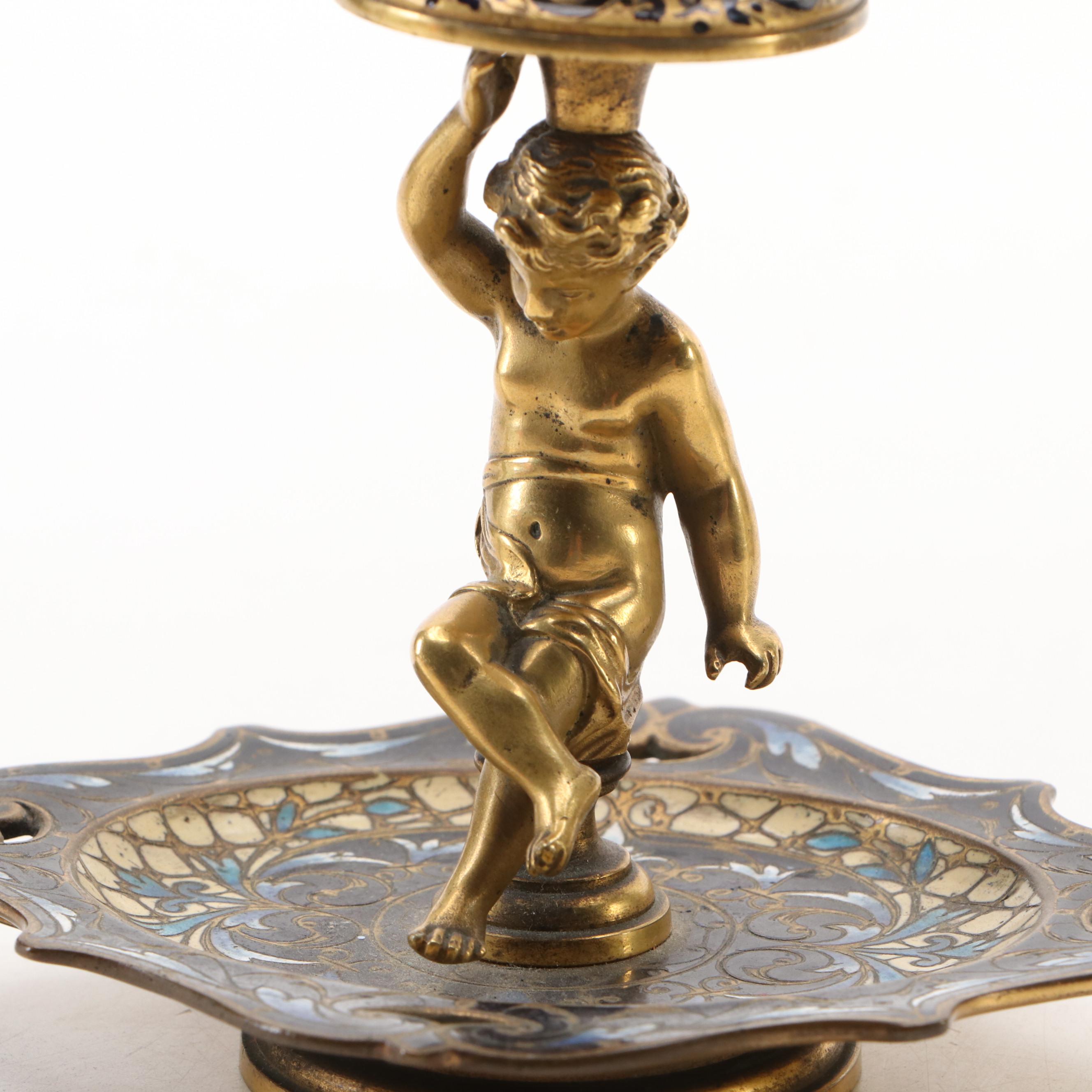 Napoleon III Style Cloisonné Figural Chamberstick and Art Nouveau Style Vase