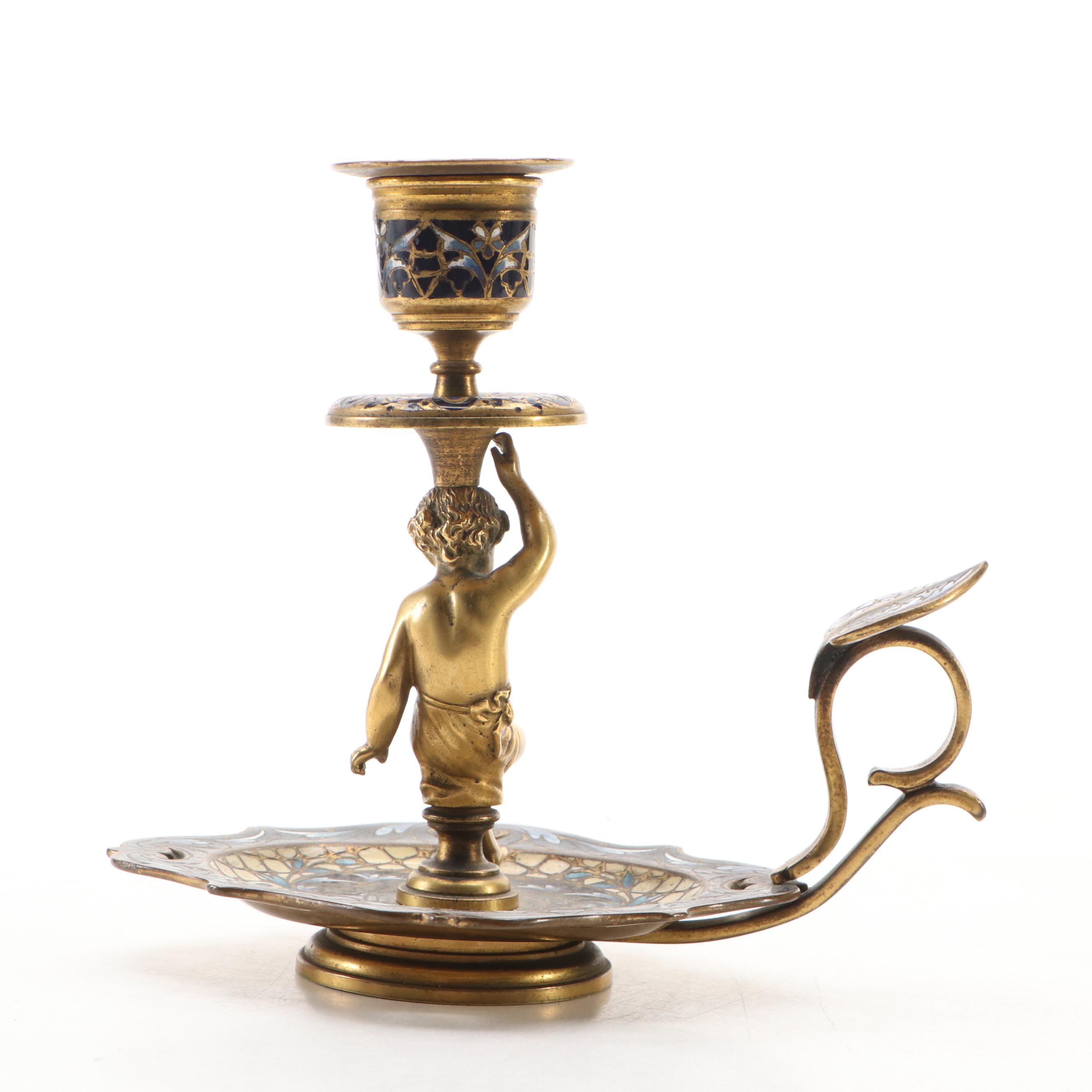 Napoleon III Style Cloisonné Figural Chamberstick and Art Nouveau Style Vase