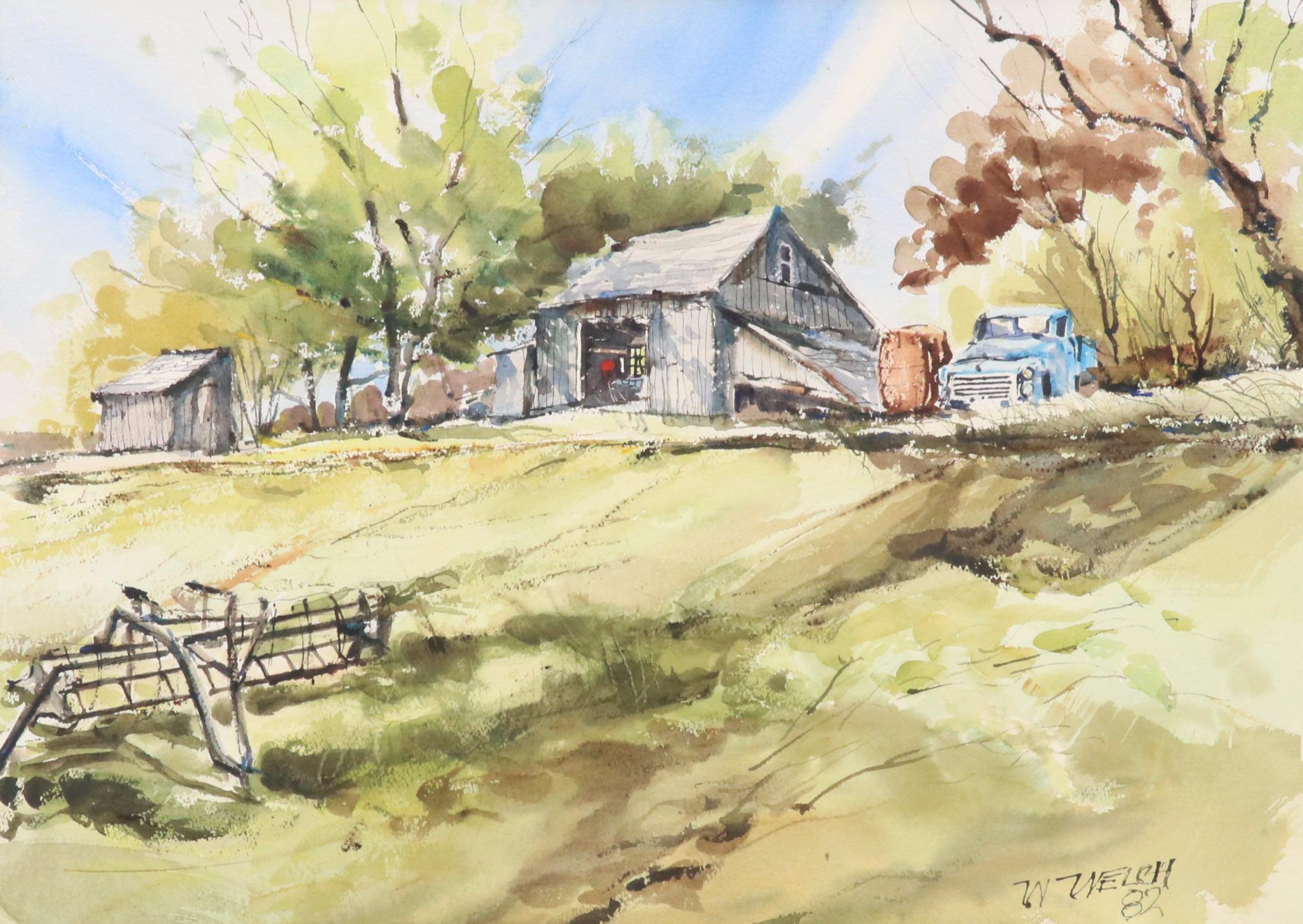 William Welch Farm Landscape Watercolor Painting, 1982