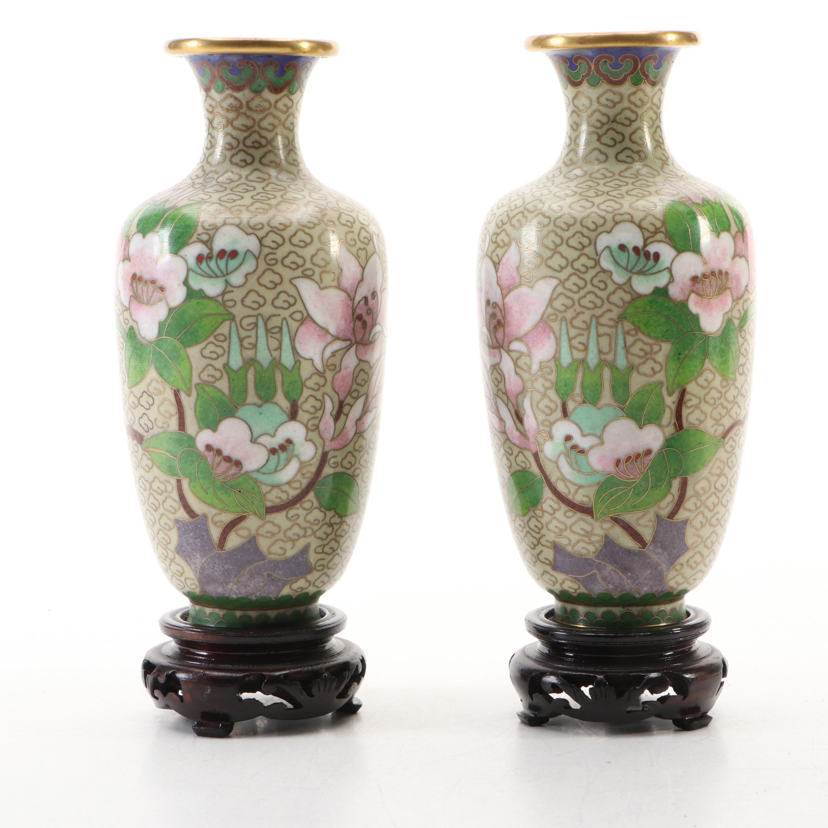 Chinese Style Cloisonné Metal Vases with Wood Display Stands