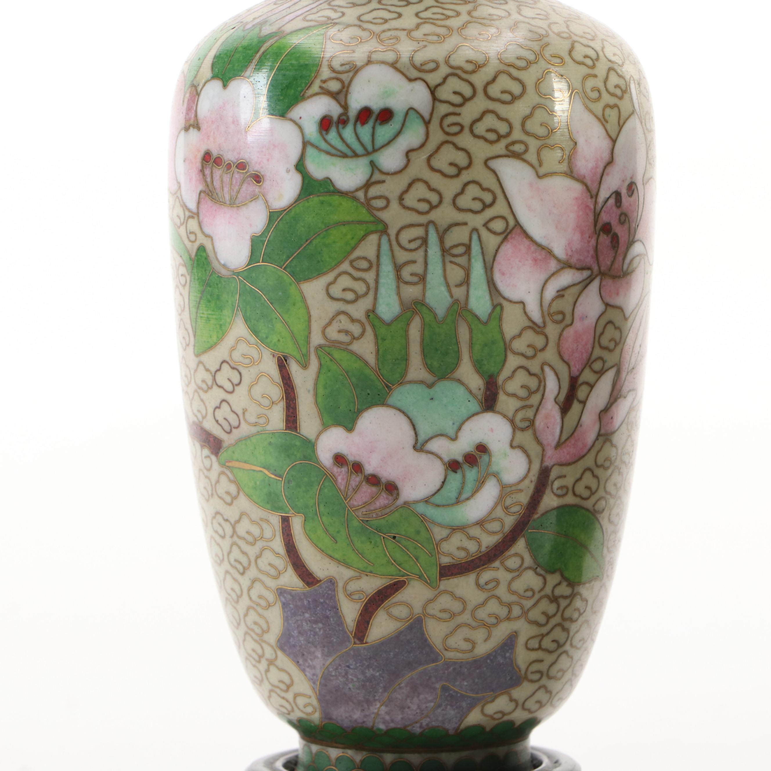 Chinese Style Cloisonné Metal Vases with Wood Display Stands