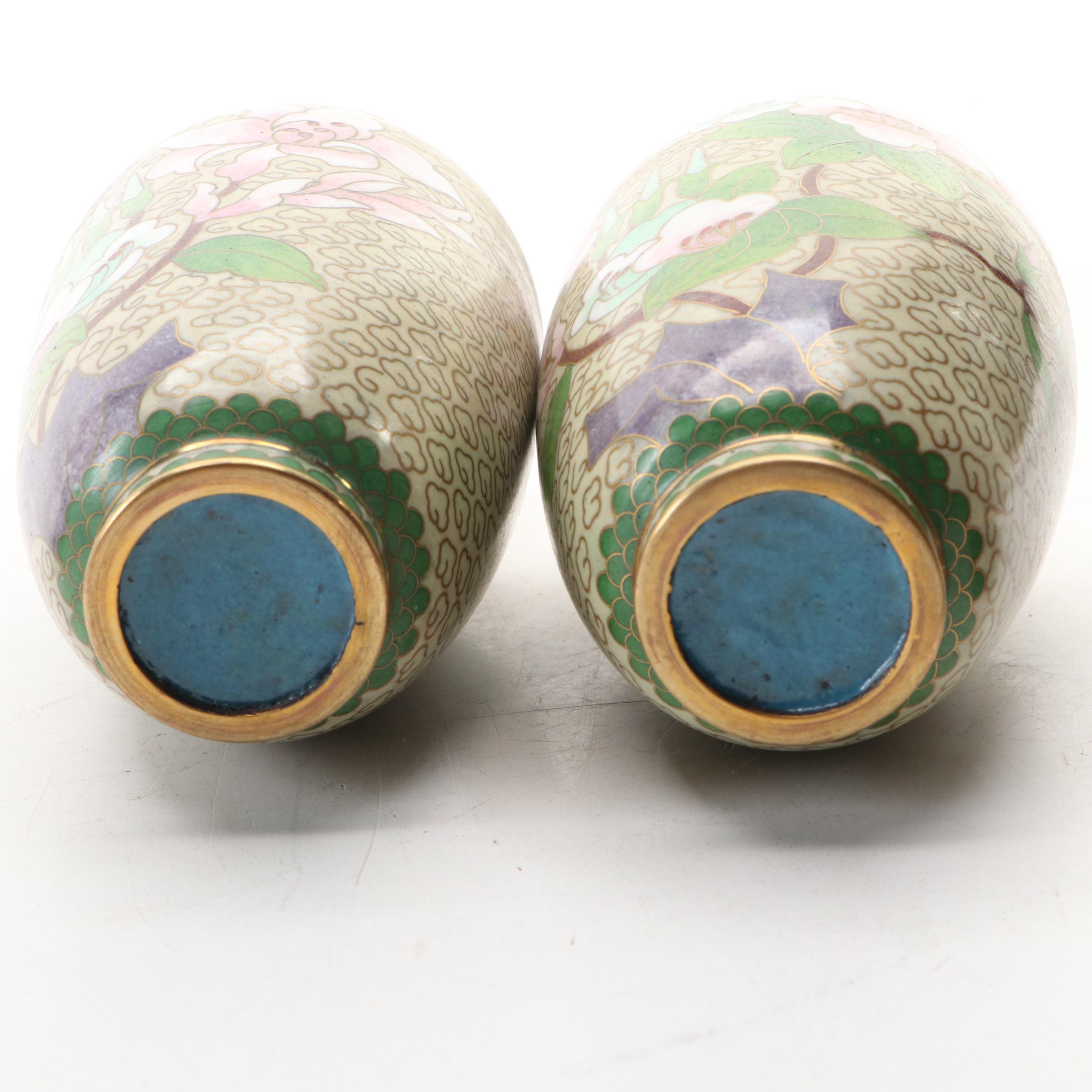 Chinese Style Cloisonné Metal Vases with Wood Display Stands