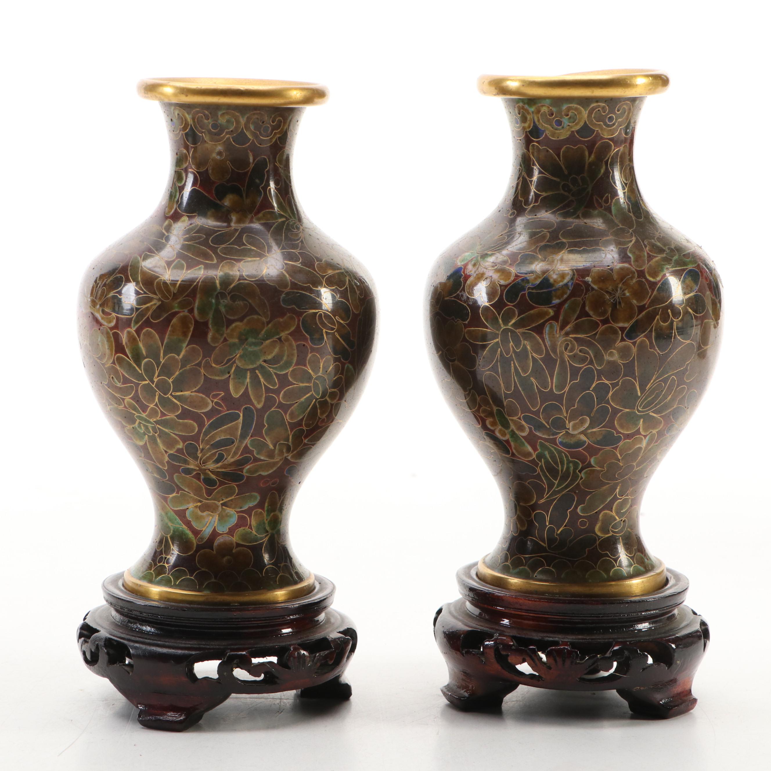 Chinese Style Cloisonné Metal Vases with Wood Display Stands