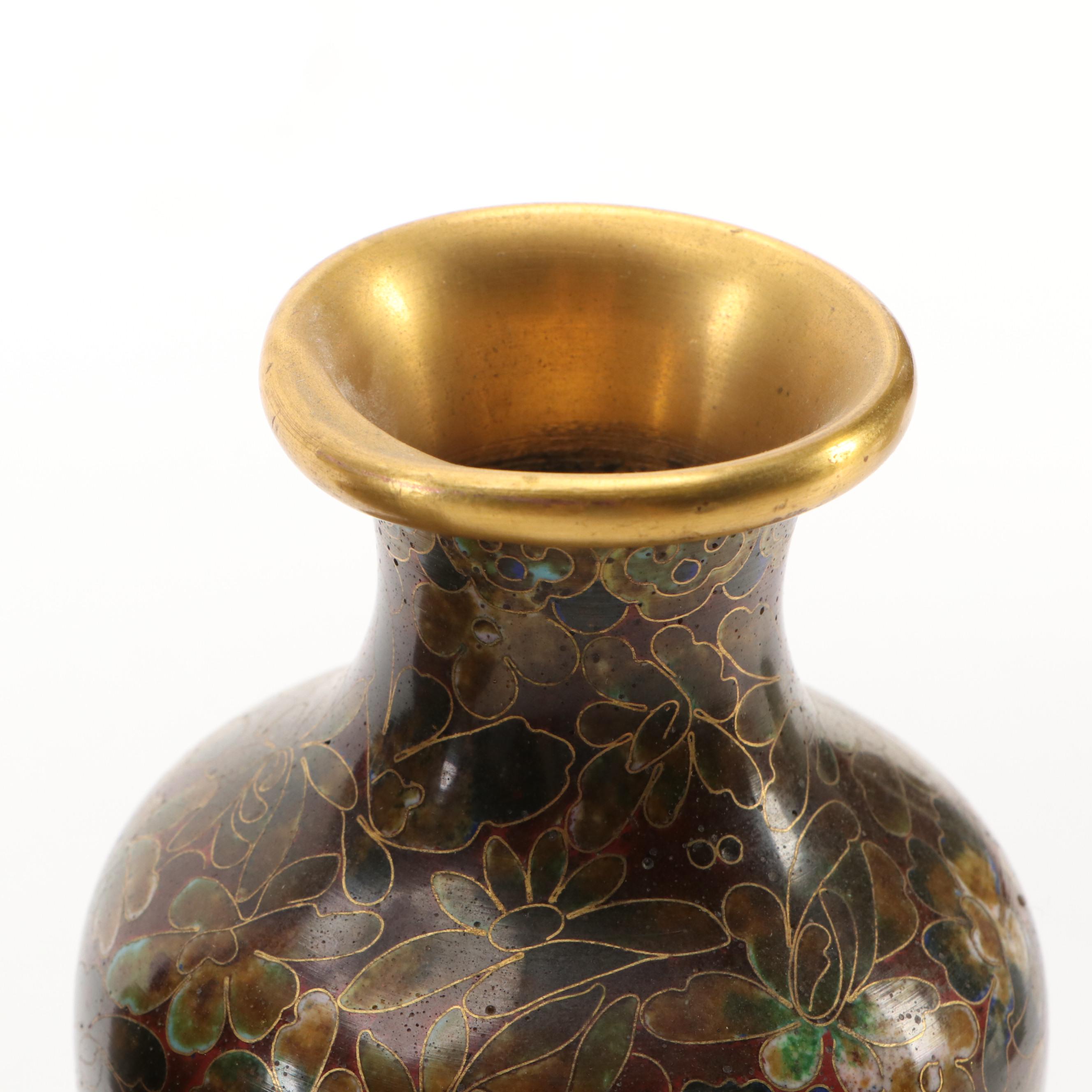 Chinese Style Cloisonné Metal Vases with Wood Display Stands
