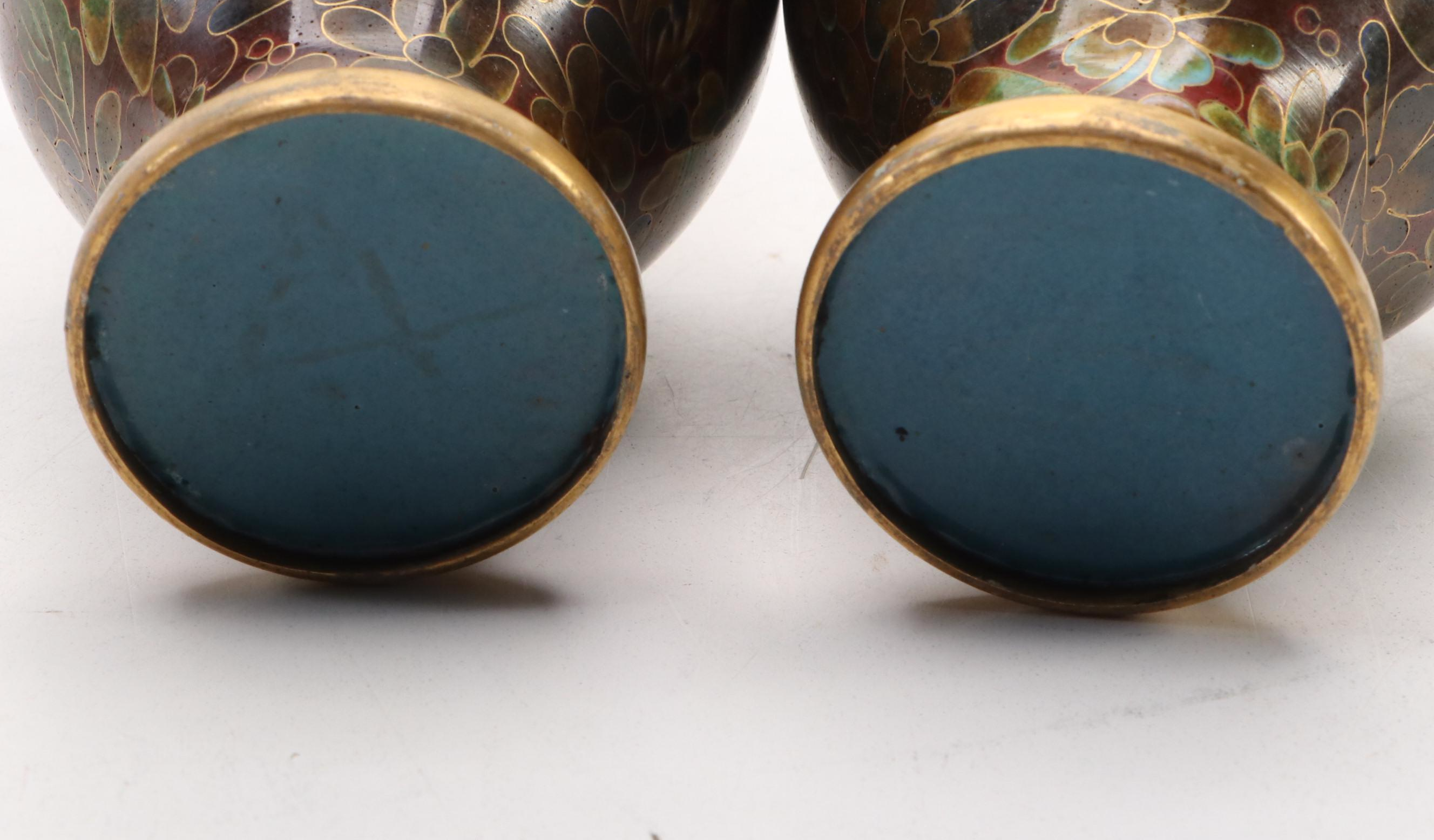 Chinese Style Cloisonné Metal Vases with Wood Display Stands