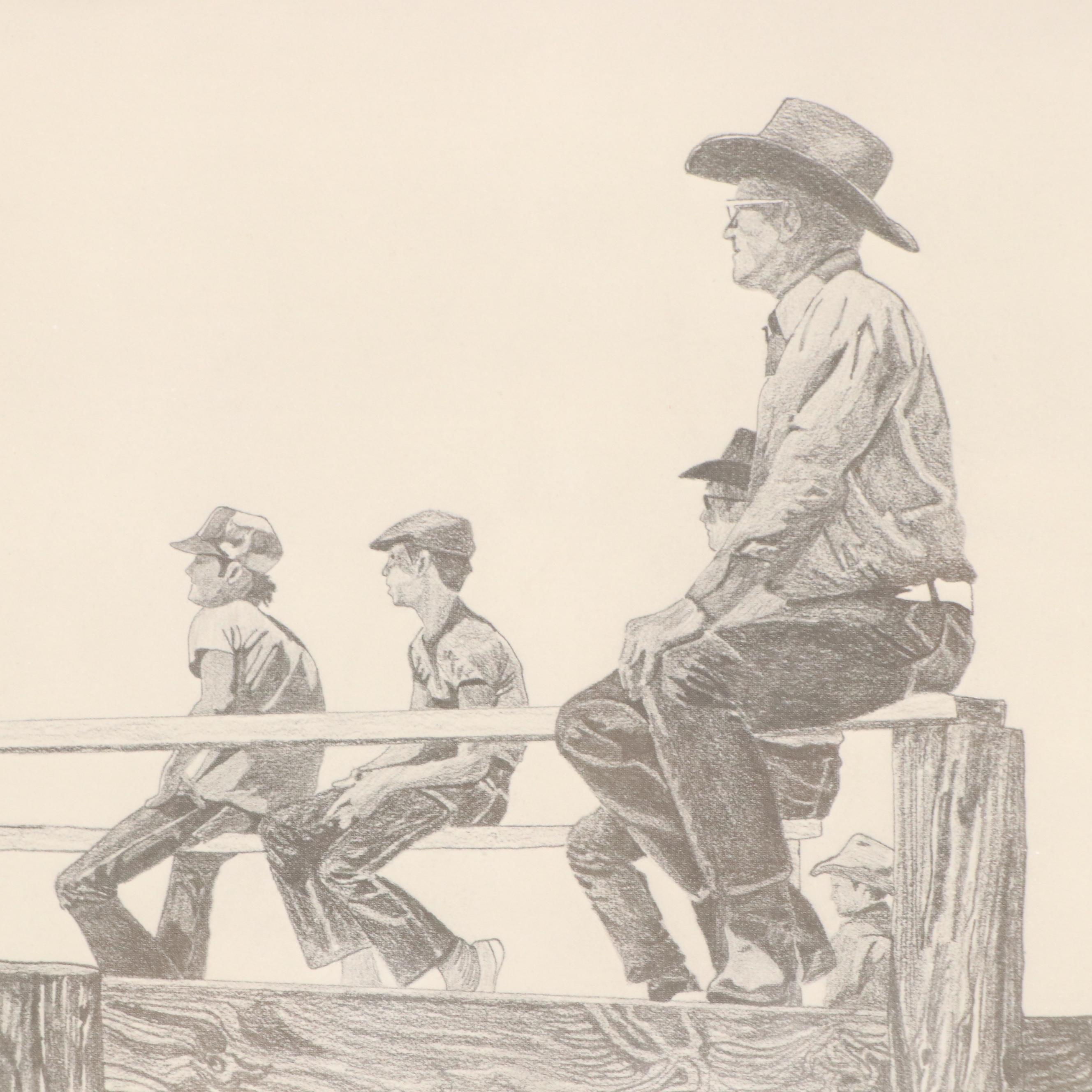 Western Genre Offset Lithographs of Cowboys Seated on a Fence