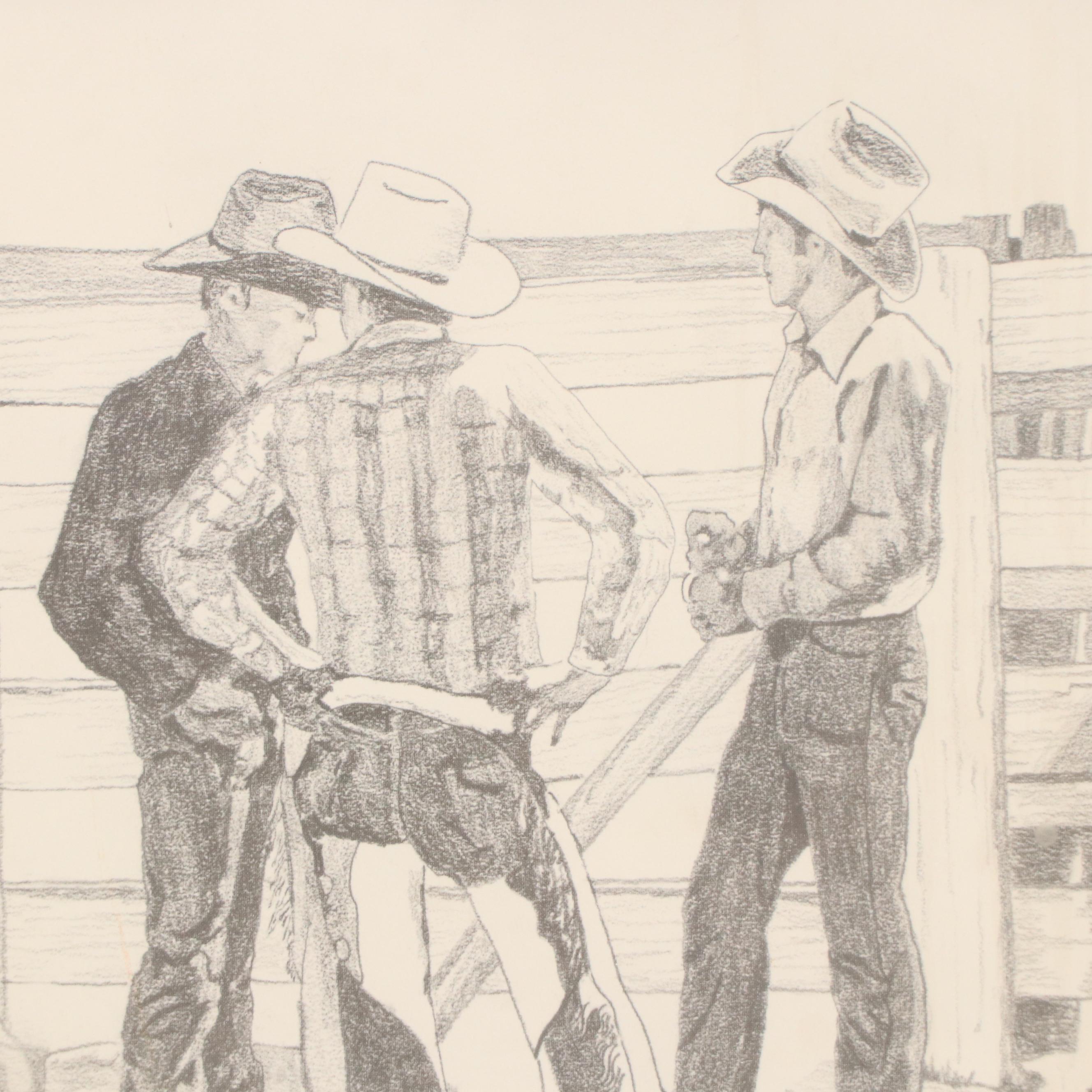 Western Genre Offset Lithographs of Cowboys Seated on a Fence