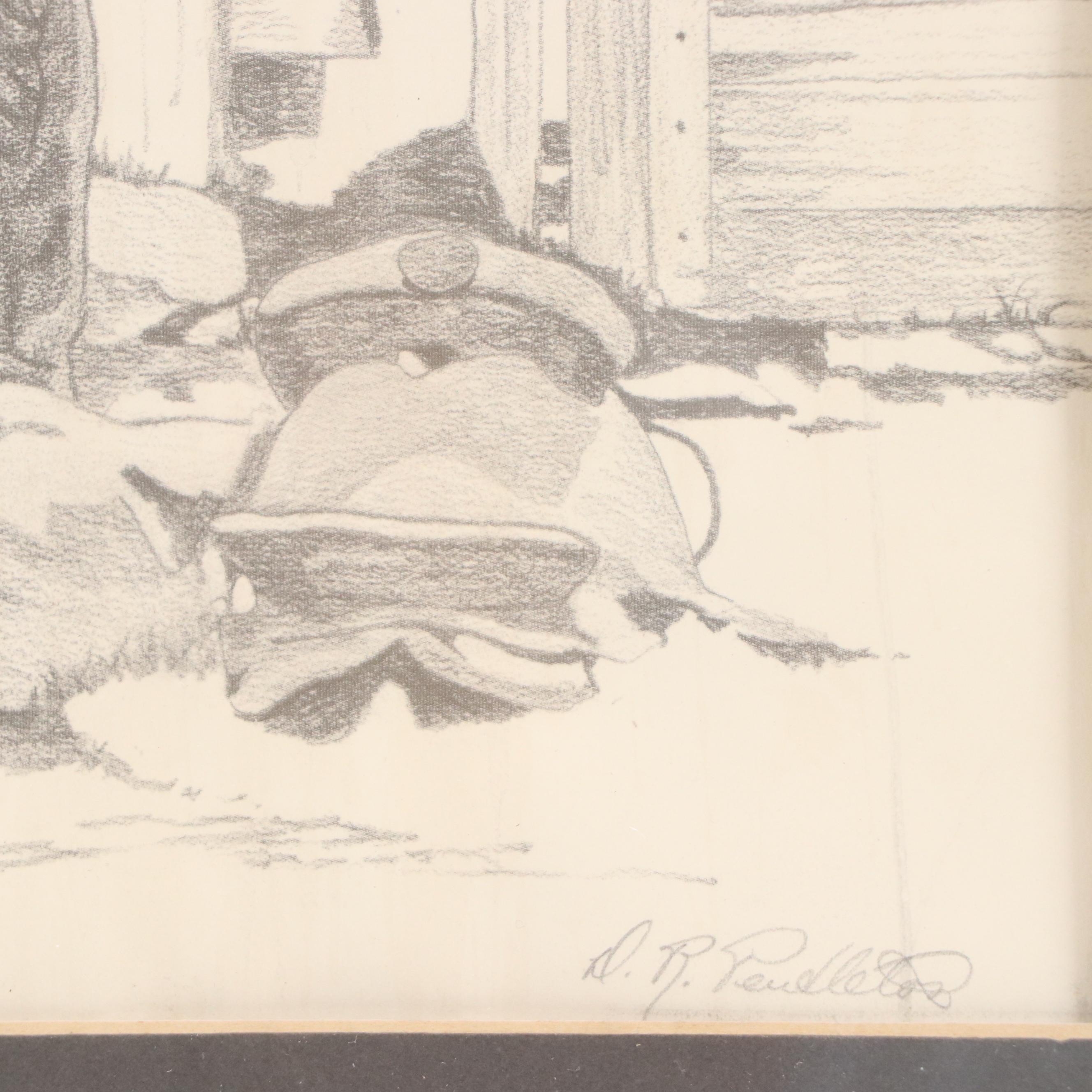 Western Genre Offset Lithographs of Cowboys Seated on a Fence