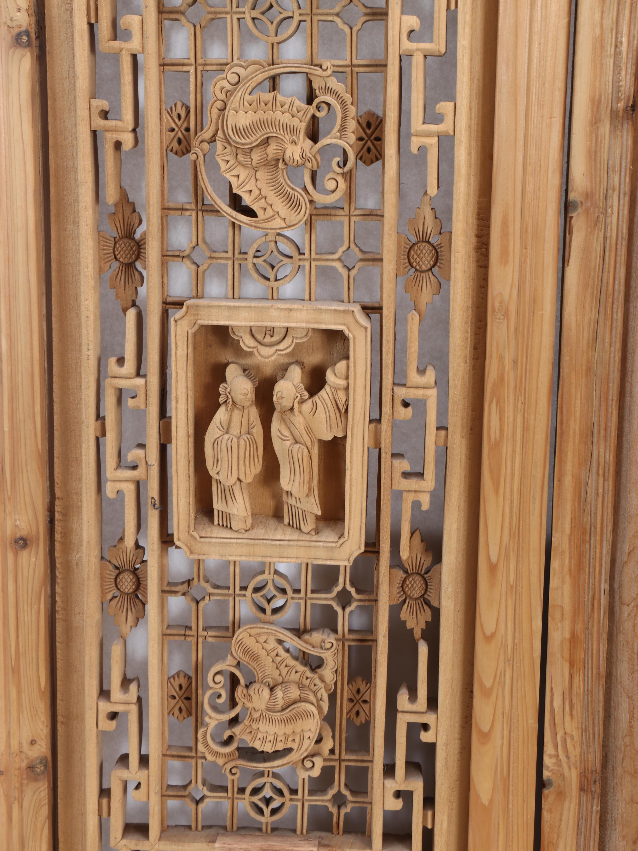 Pair of Chinese Carved Wood Window Screen Panels, Vintage