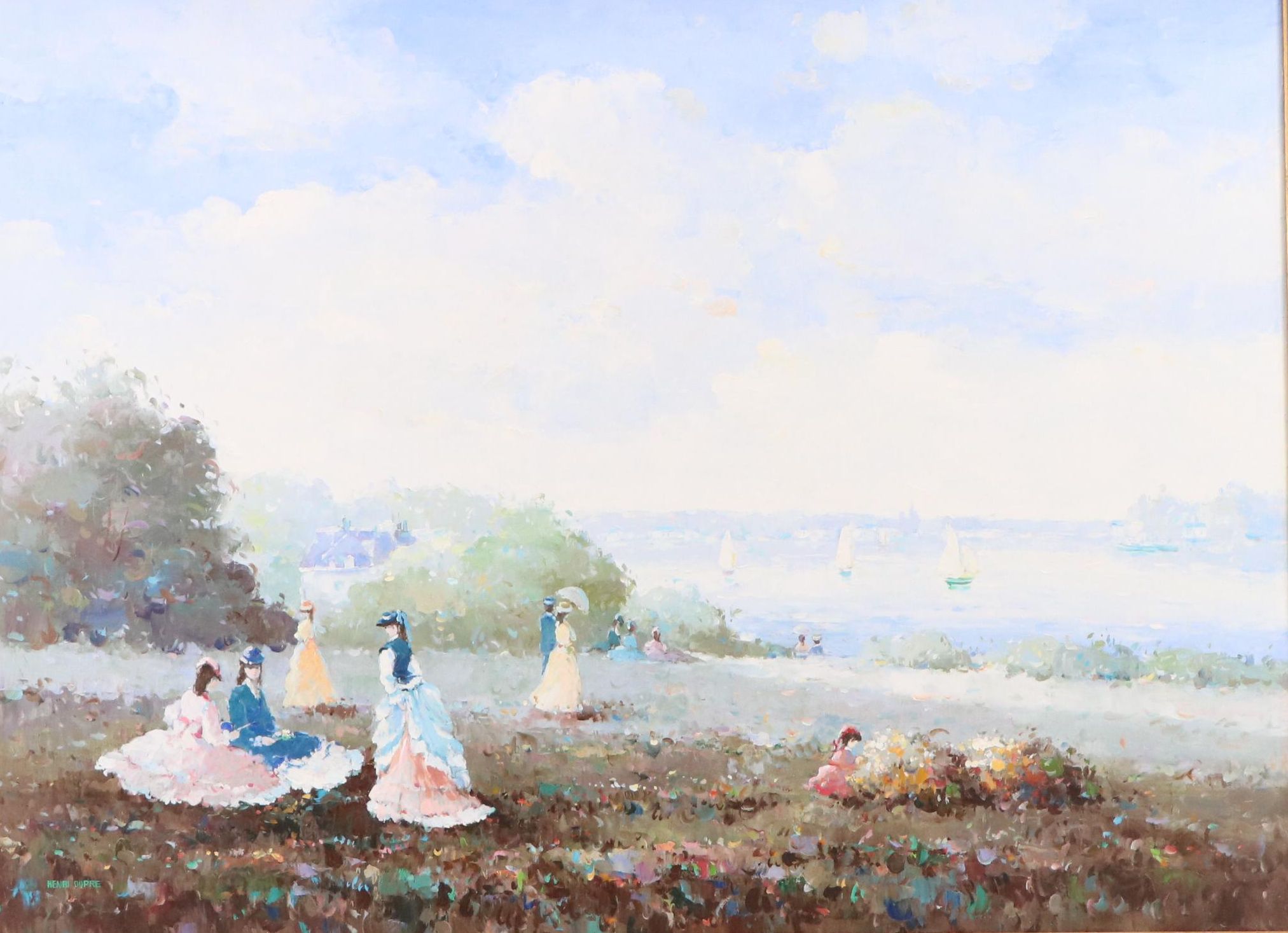 Henri Dupre Impressionist Oil Painting of Bay Watchers in the Park, 20th C.