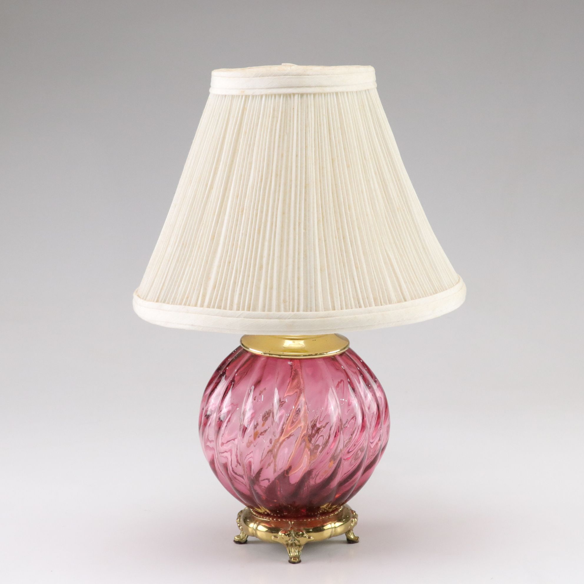 Cranberry Glass Accent Lamp with Ruffled Shade, Late 20th to 21st Century
