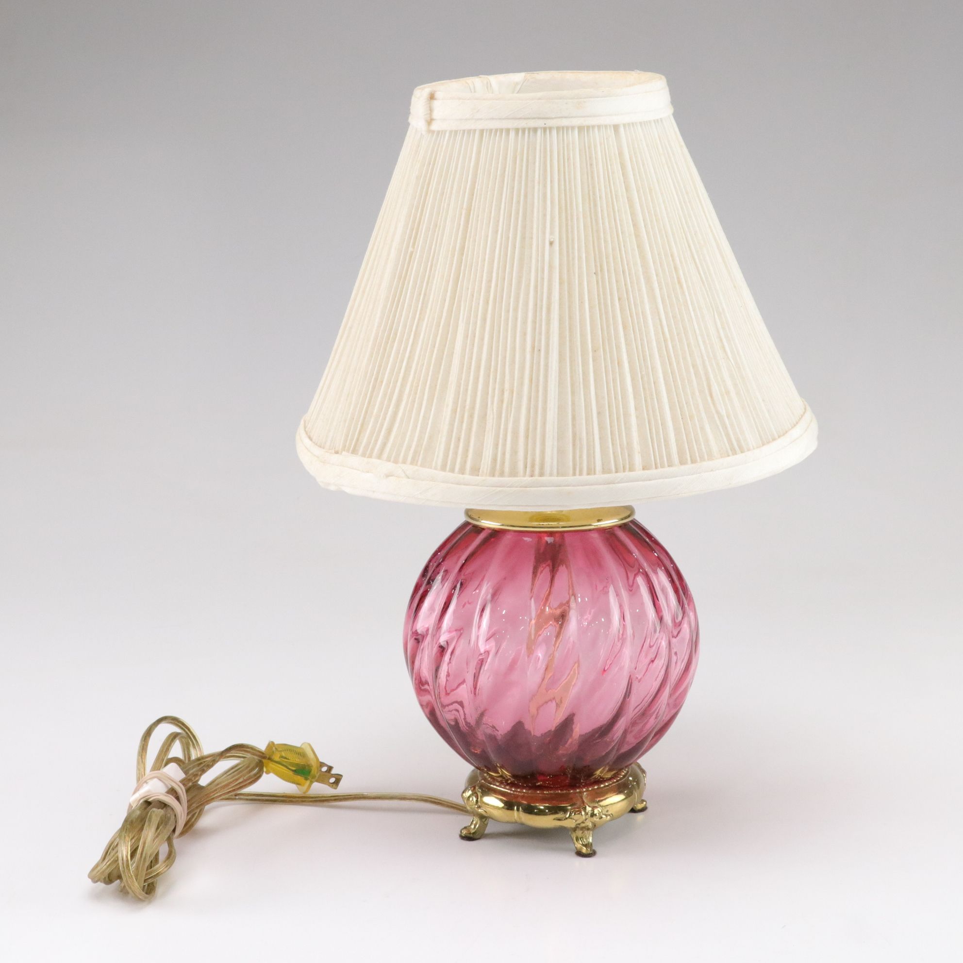 Cranberry Glass Accent Lamp with Ruffled Shade, Late 20th to 21st Century