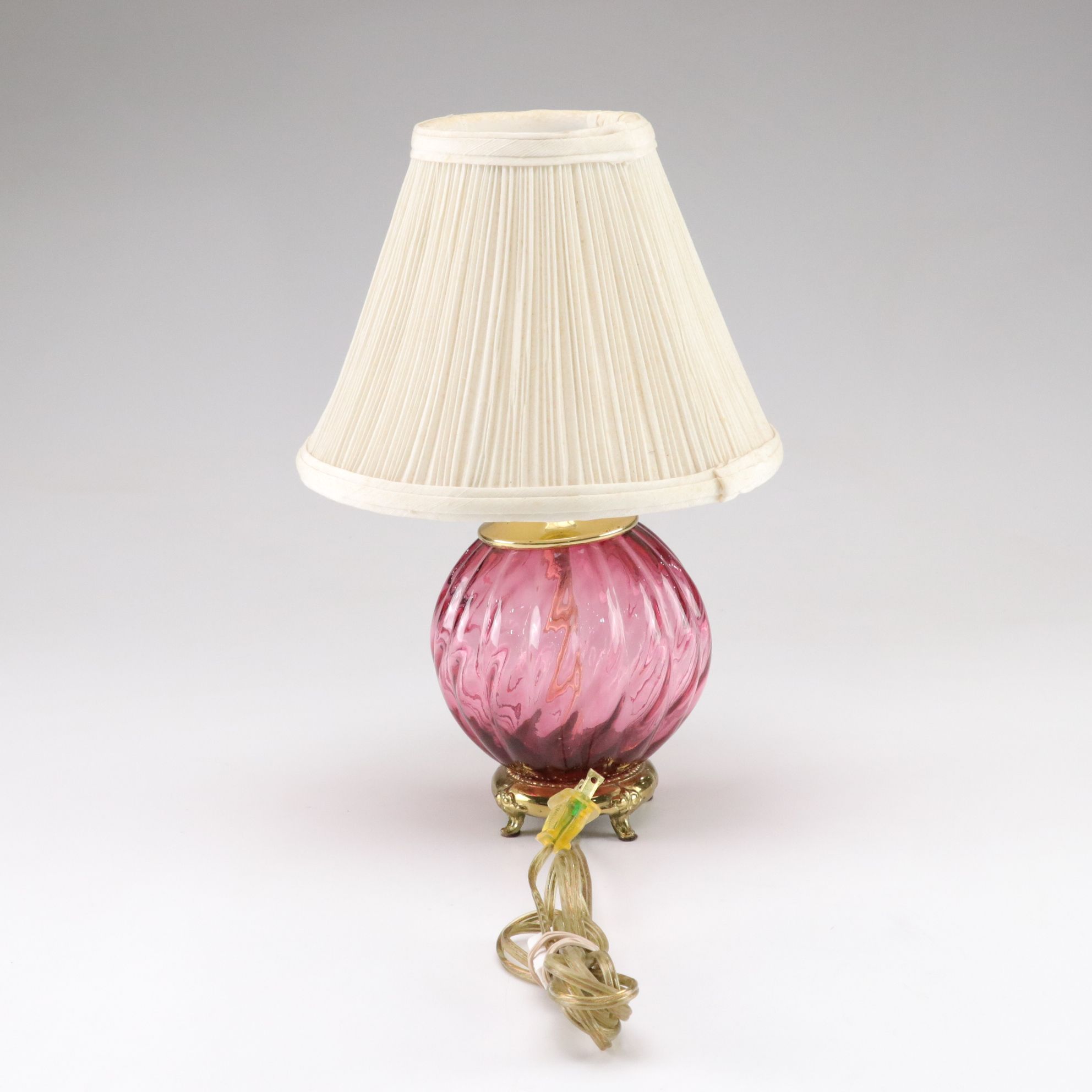 Cranberry Glass Accent Lamp with Ruffled Shade, Late 20th to 21st Century