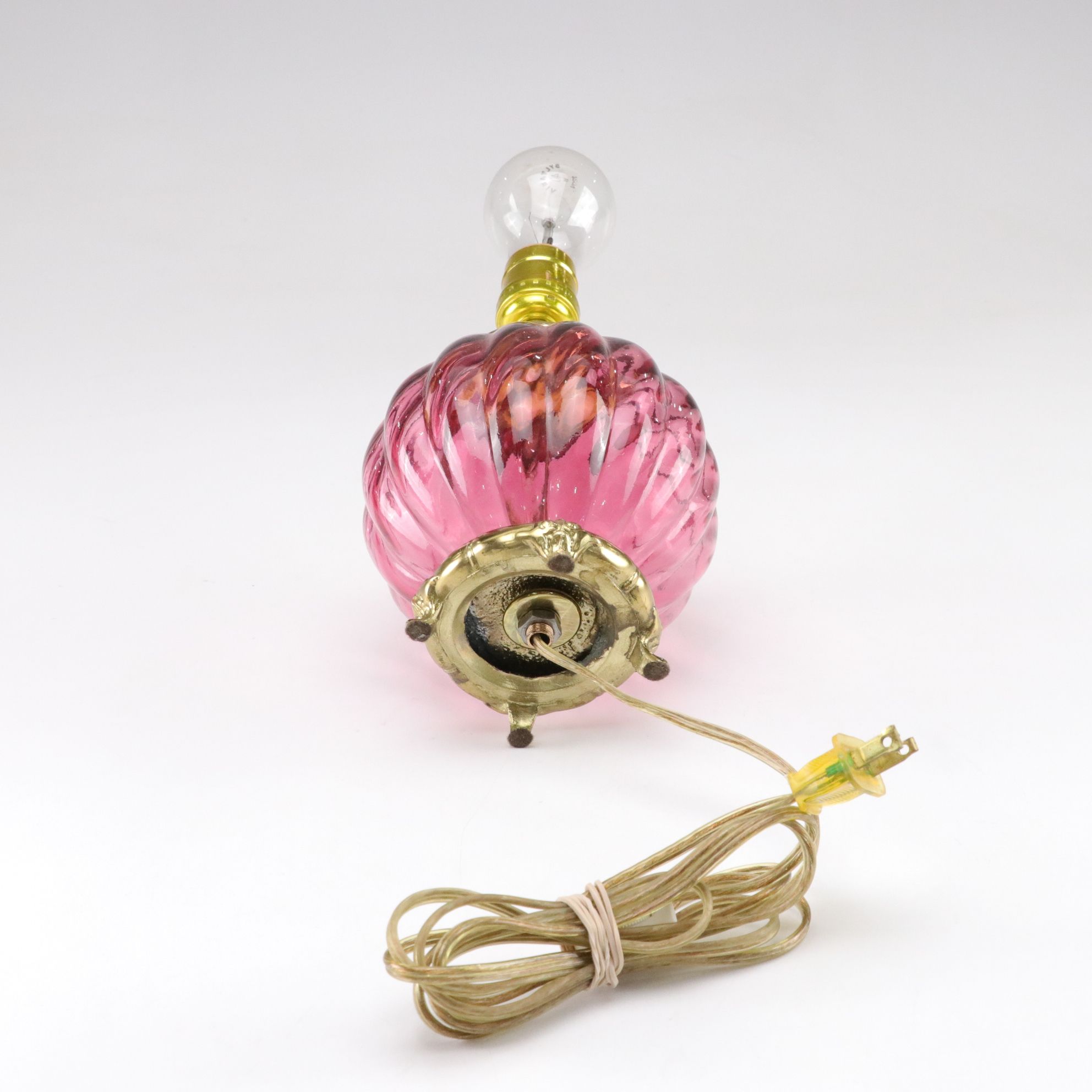 Cranberry Glass Accent Lamp with Ruffled Shade, Late 20th to 21st Century