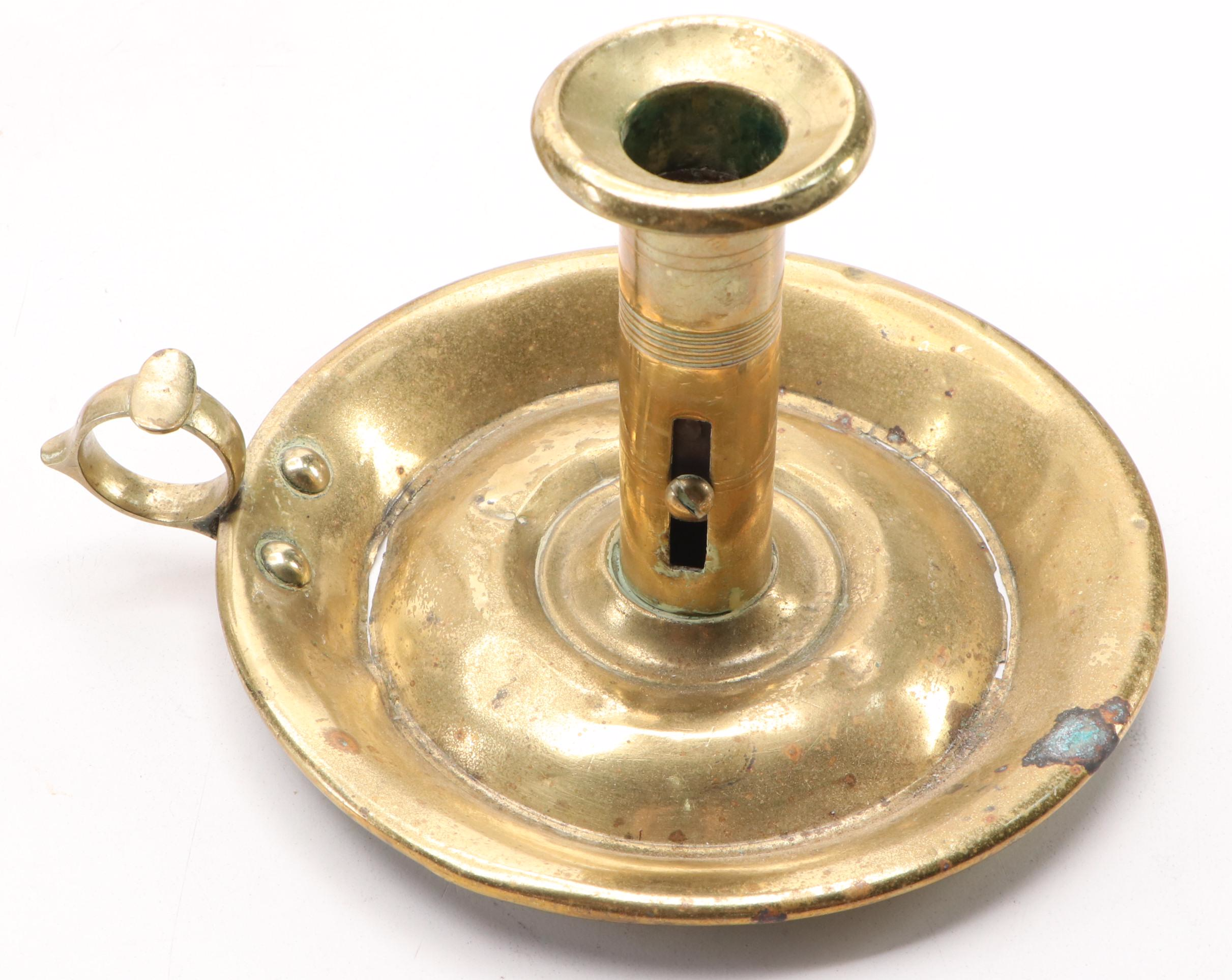 Federal Style Push-Up Chamberstick with Other Brass Candlesticks