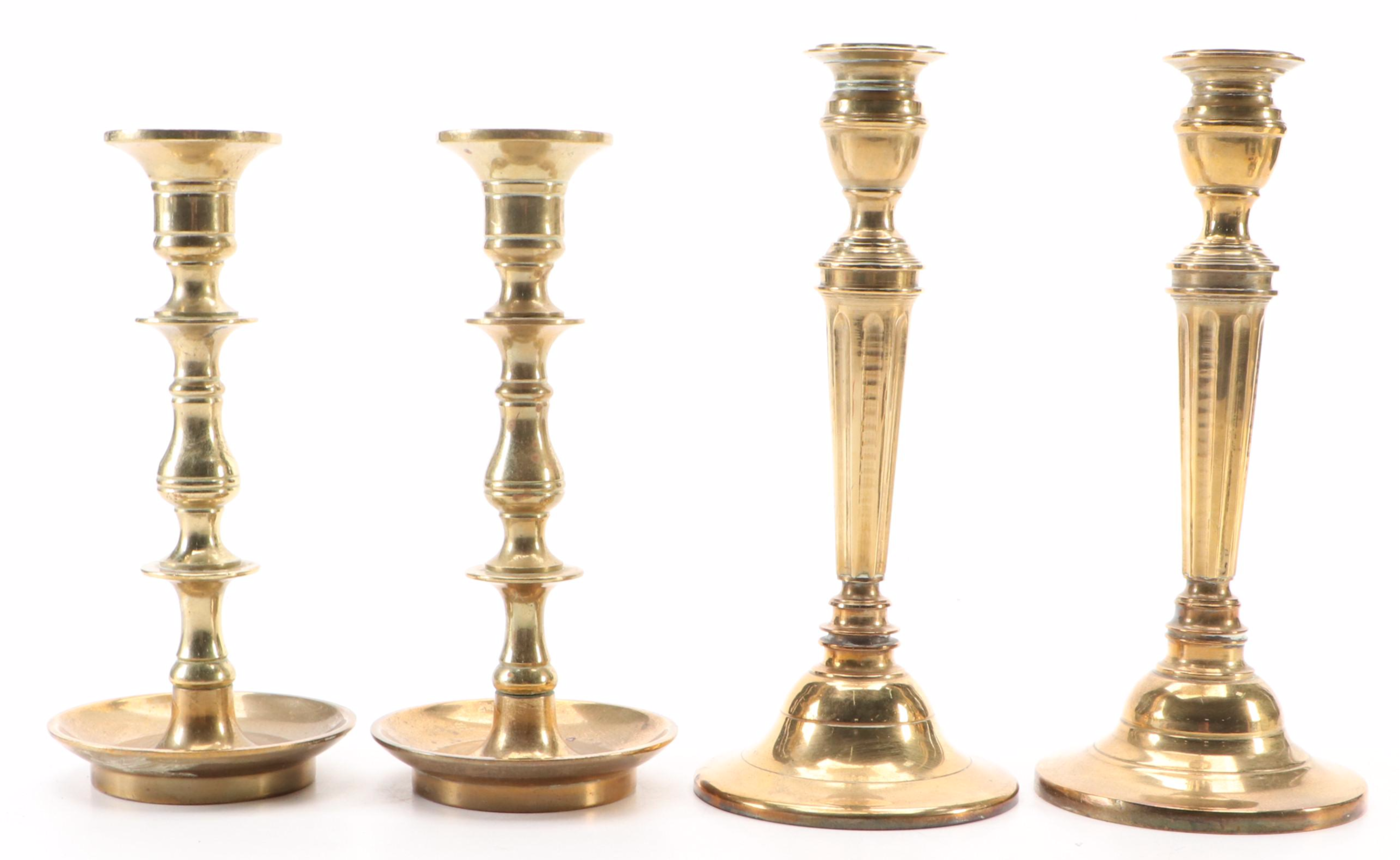 Federal Style Push-Up Chamberstick with Other Brass Candlesticks