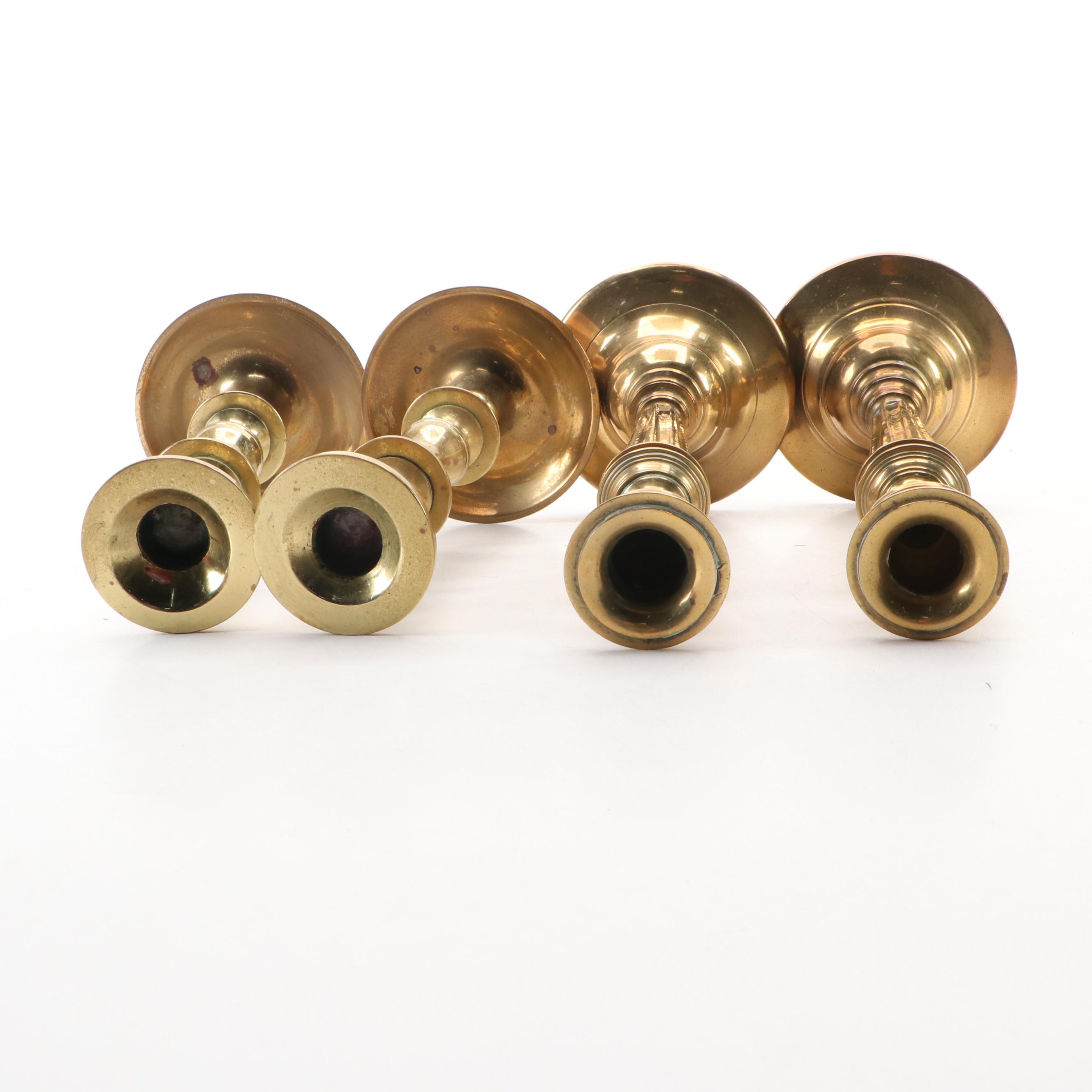 Federal Style Push-Up Chamberstick with Other Brass Candlesticks