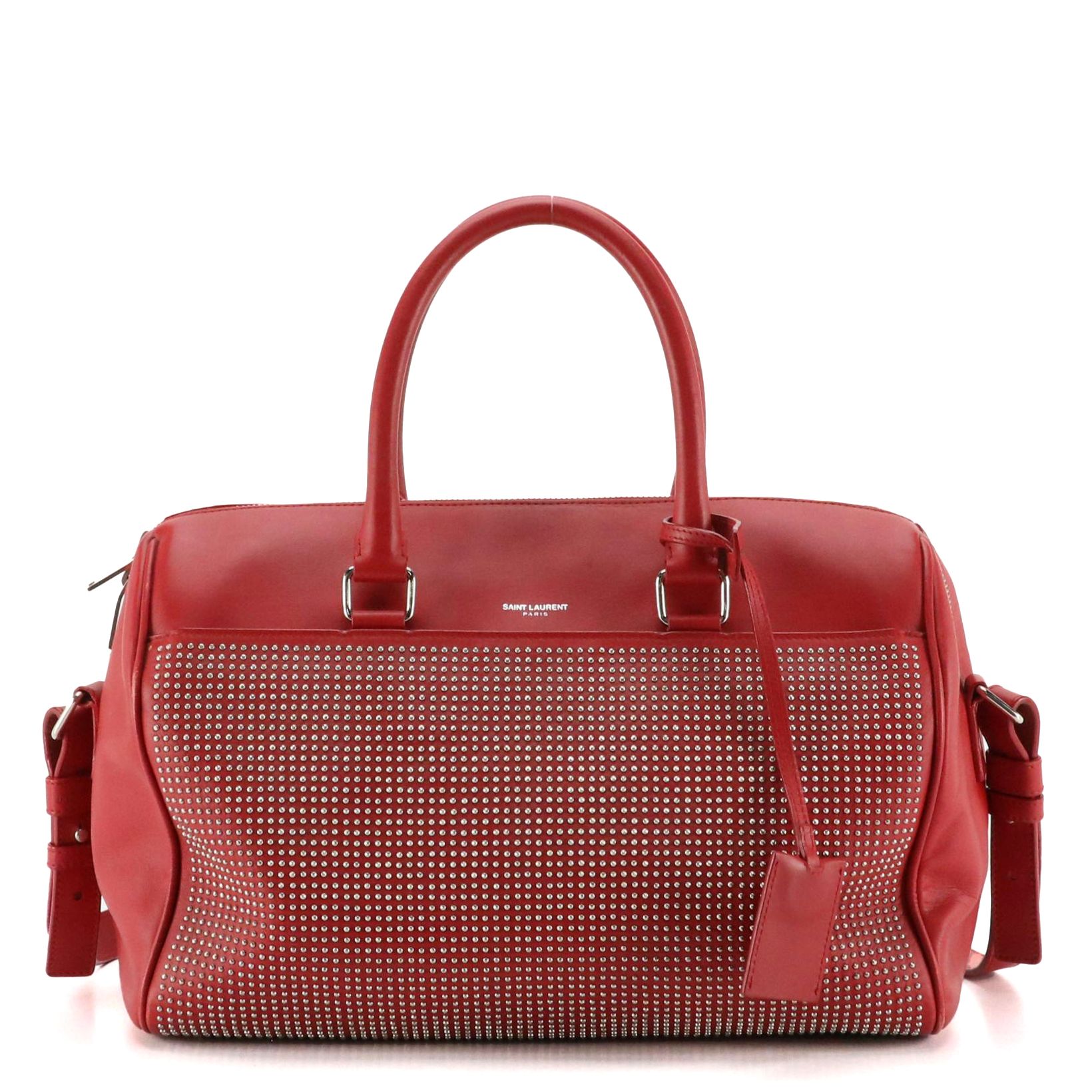 Saint Laurent Classic Two-Way Duffel in Red Micro Studded Calfskin Leather