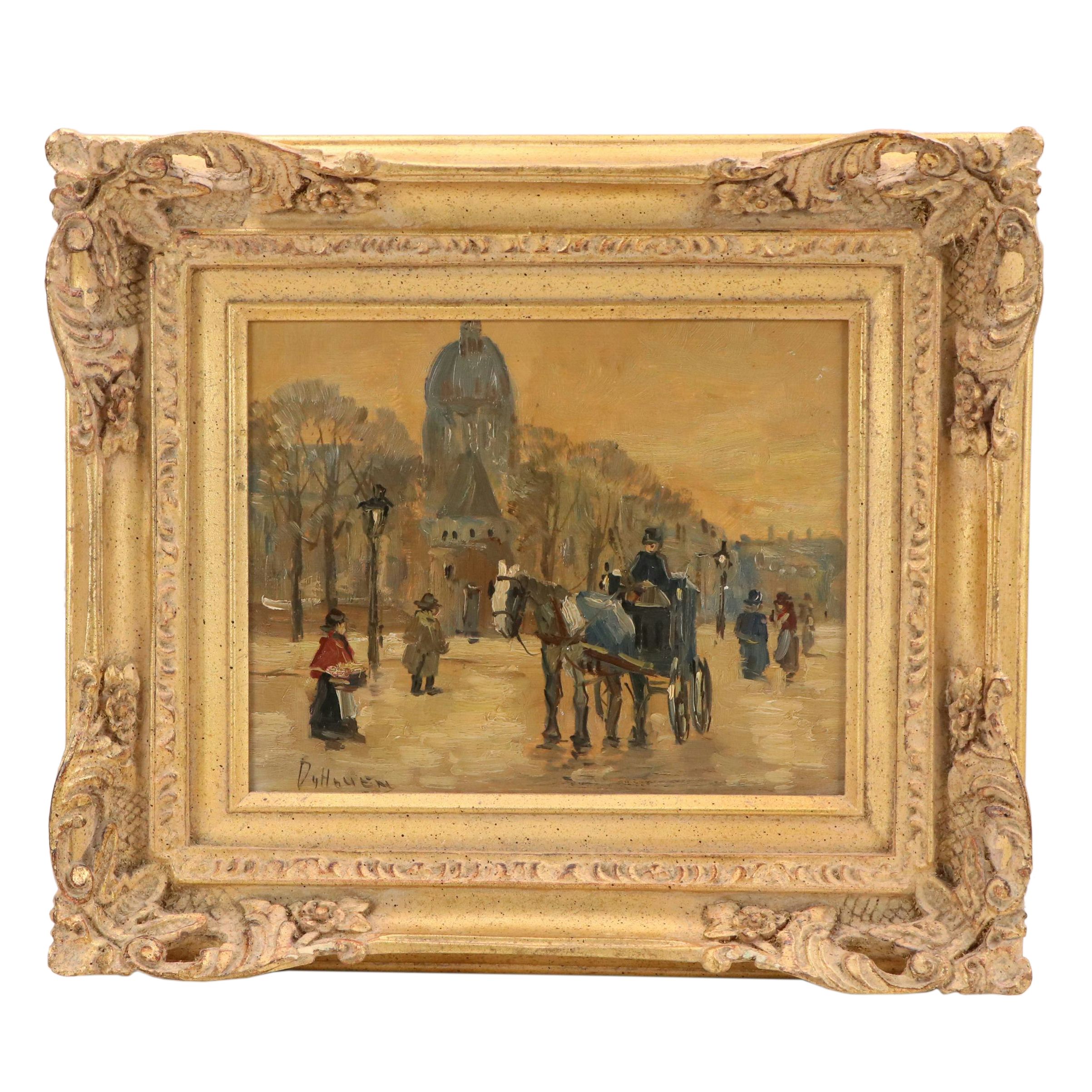 Dirk Van Hoven Cityscape Oil Painting with Horsedrawn Carriage, 20th C.