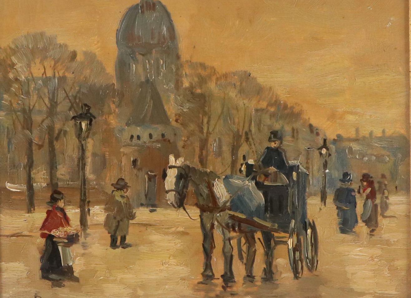 Dirk Van Hoven Cityscape Oil Painting with Horsedrawn Carriage, 20th C.