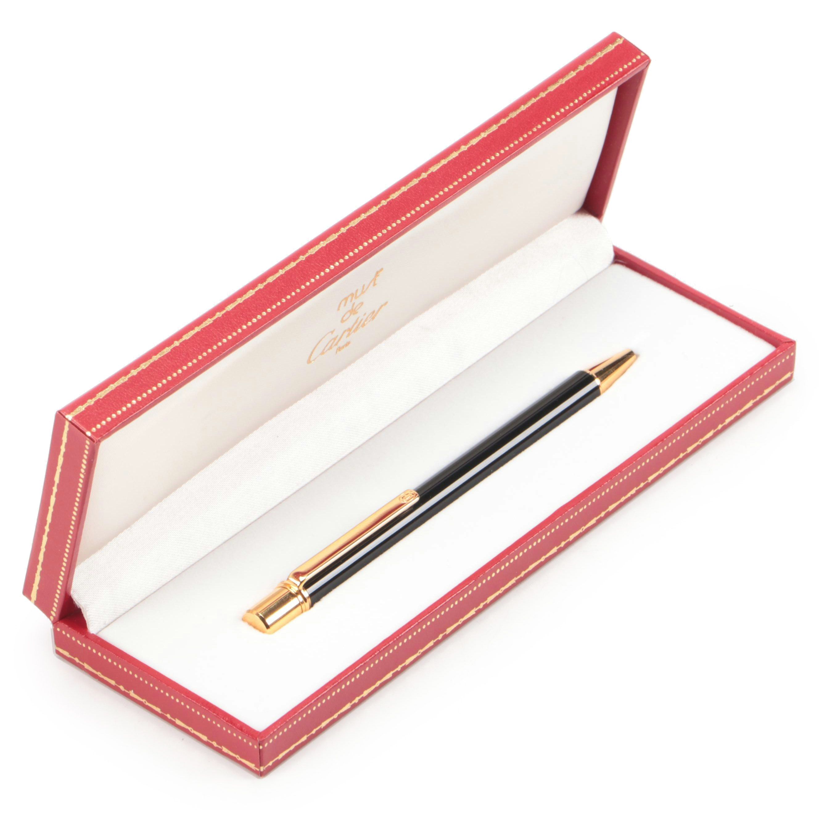 Must de Cartier "Must II" Black Lacquer Ballpoint Pen with Presentation Case