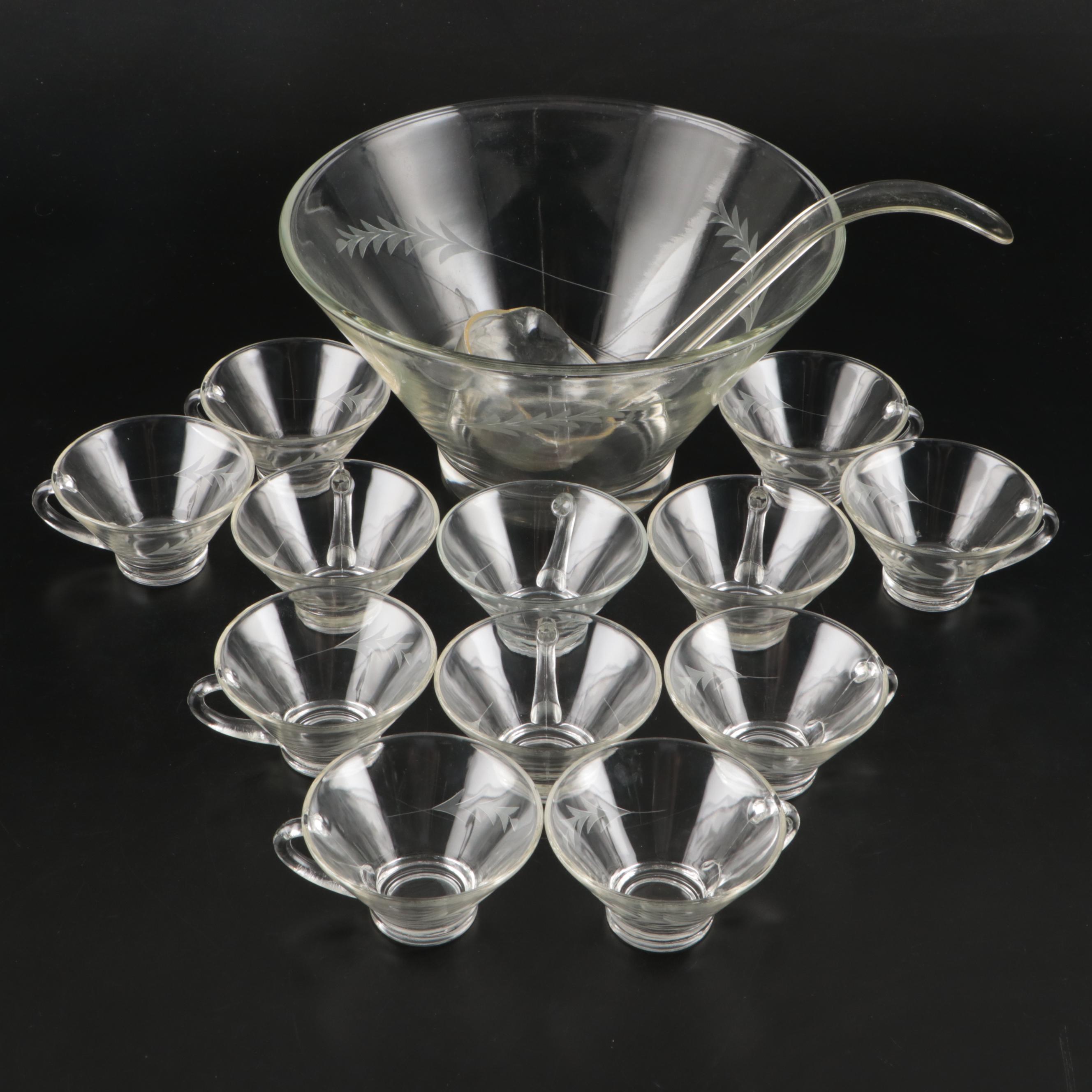 Leaf Pattern Etched Glass Punch Bowl, Punch Glasses and Plastic Serving Ladle