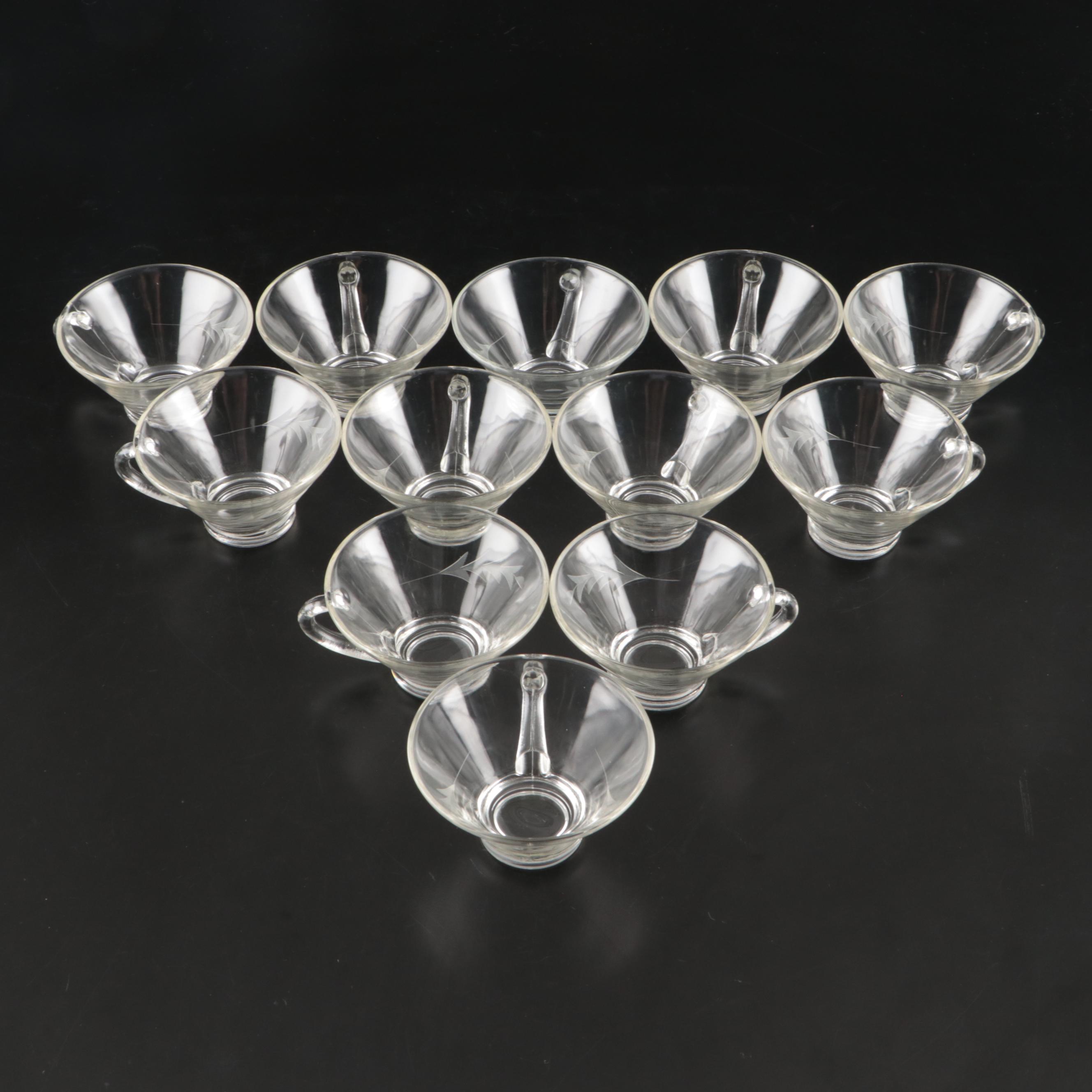 Leaf Pattern Etched Glass Punch Bowl, Punch Glasses and Plastic Serving Ladle