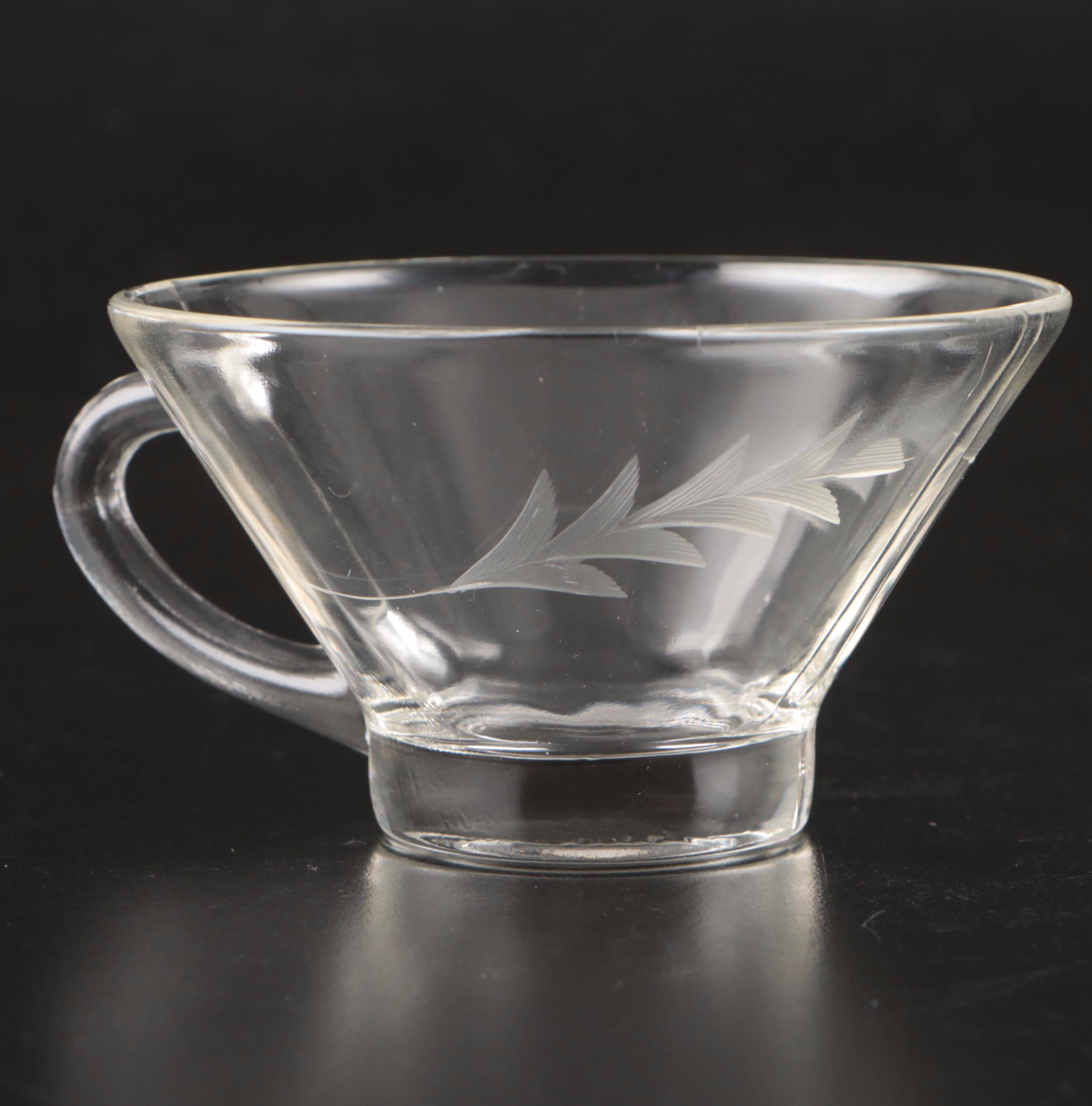 Leaf Pattern Etched Glass Punch Bowl, Punch Glasses and Plastic Serving Ladle