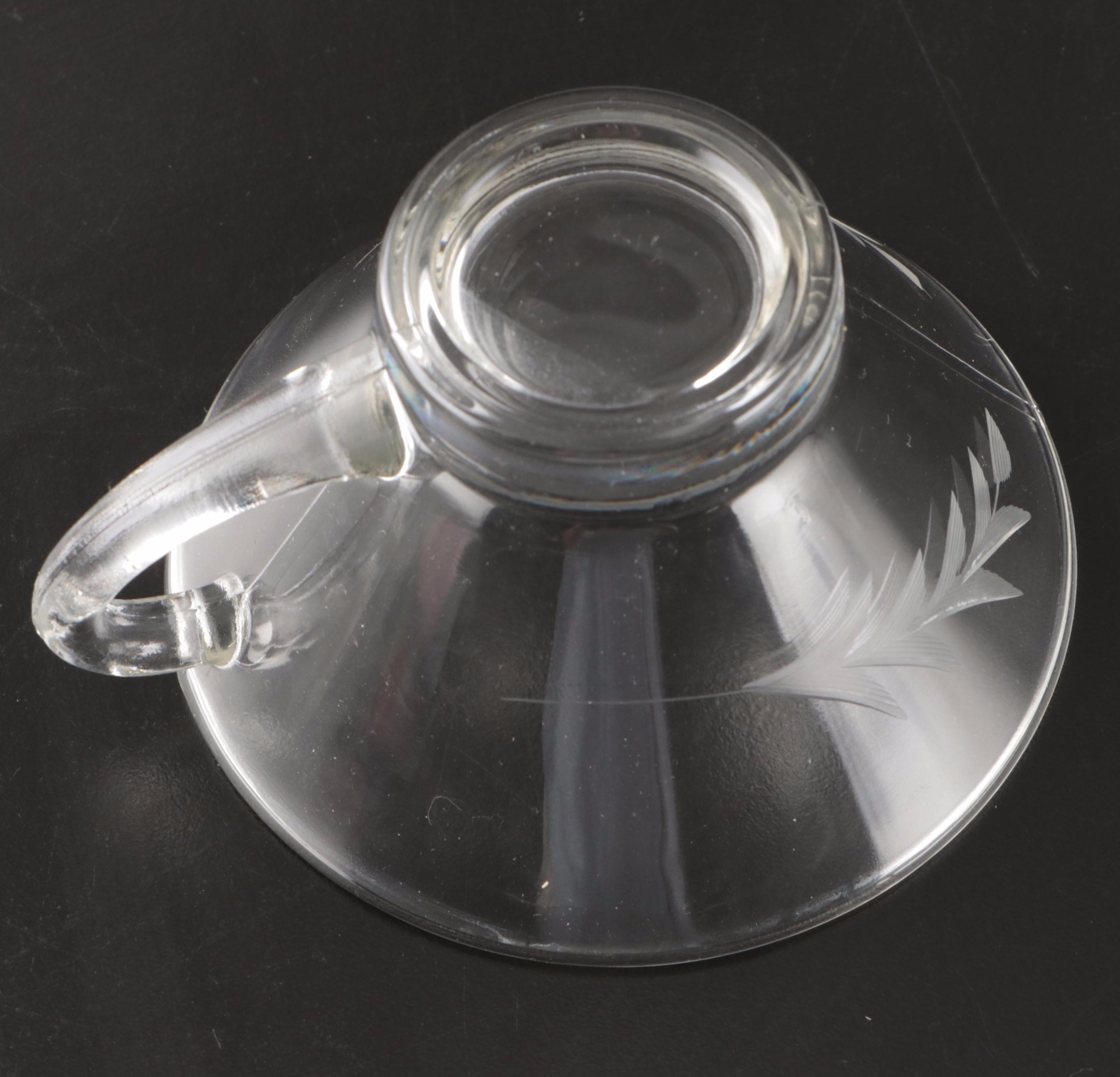 Leaf Pattern Etched Glass Punch Bowl, Punch Glasses and Plastic Serving Ladle