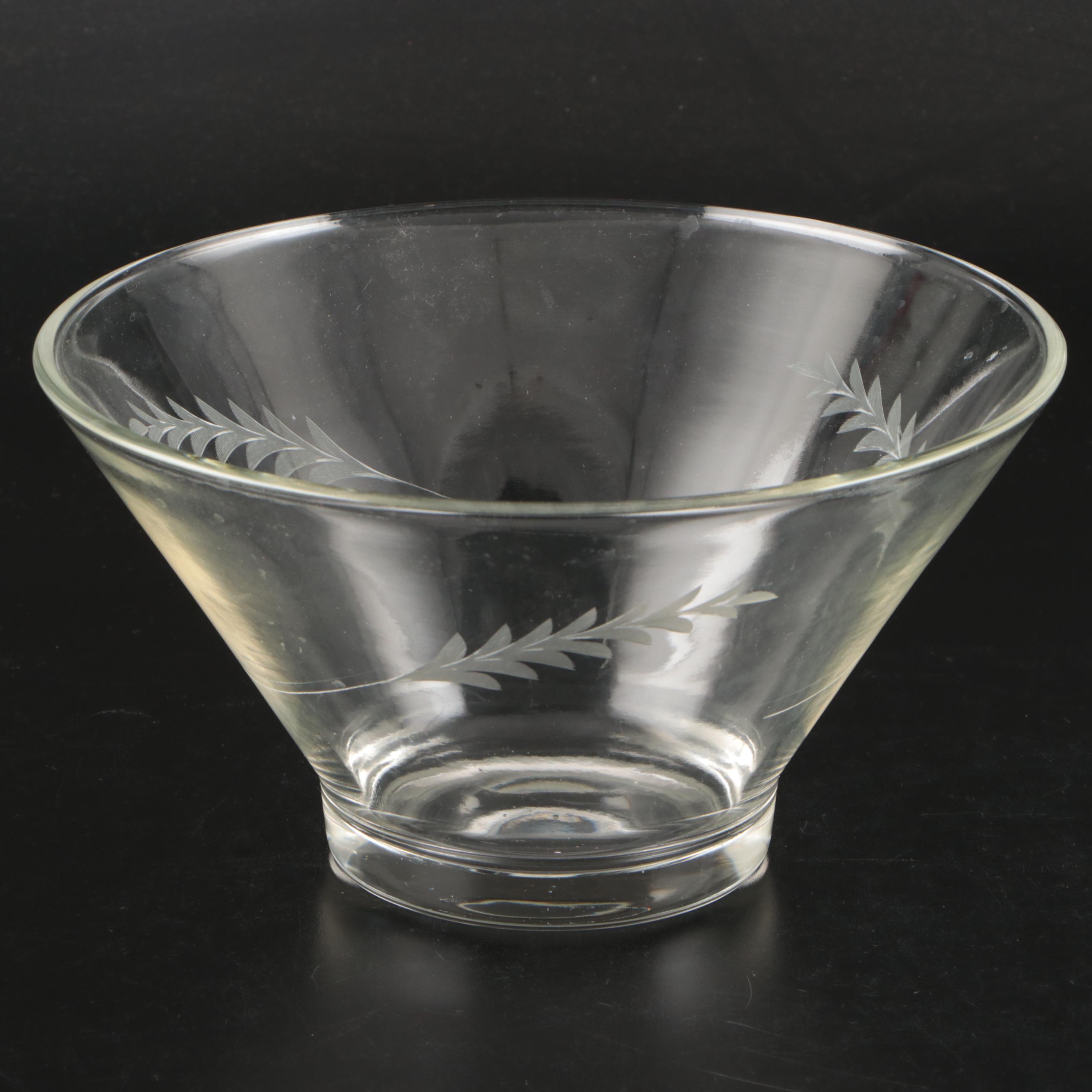 Leaf Pattern Etched Glass Punch Bowl, Punch Glasses and Plastic Serving Ladle
