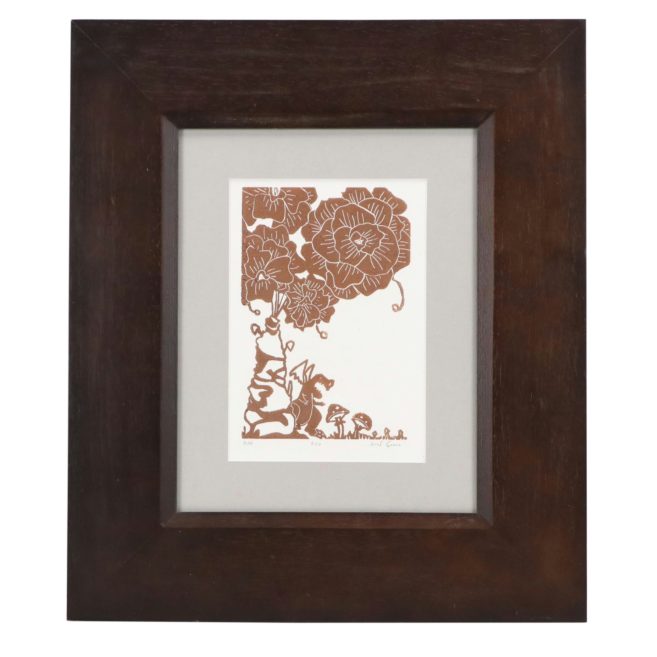 Amal Green Linocut "Puff," 21st Century