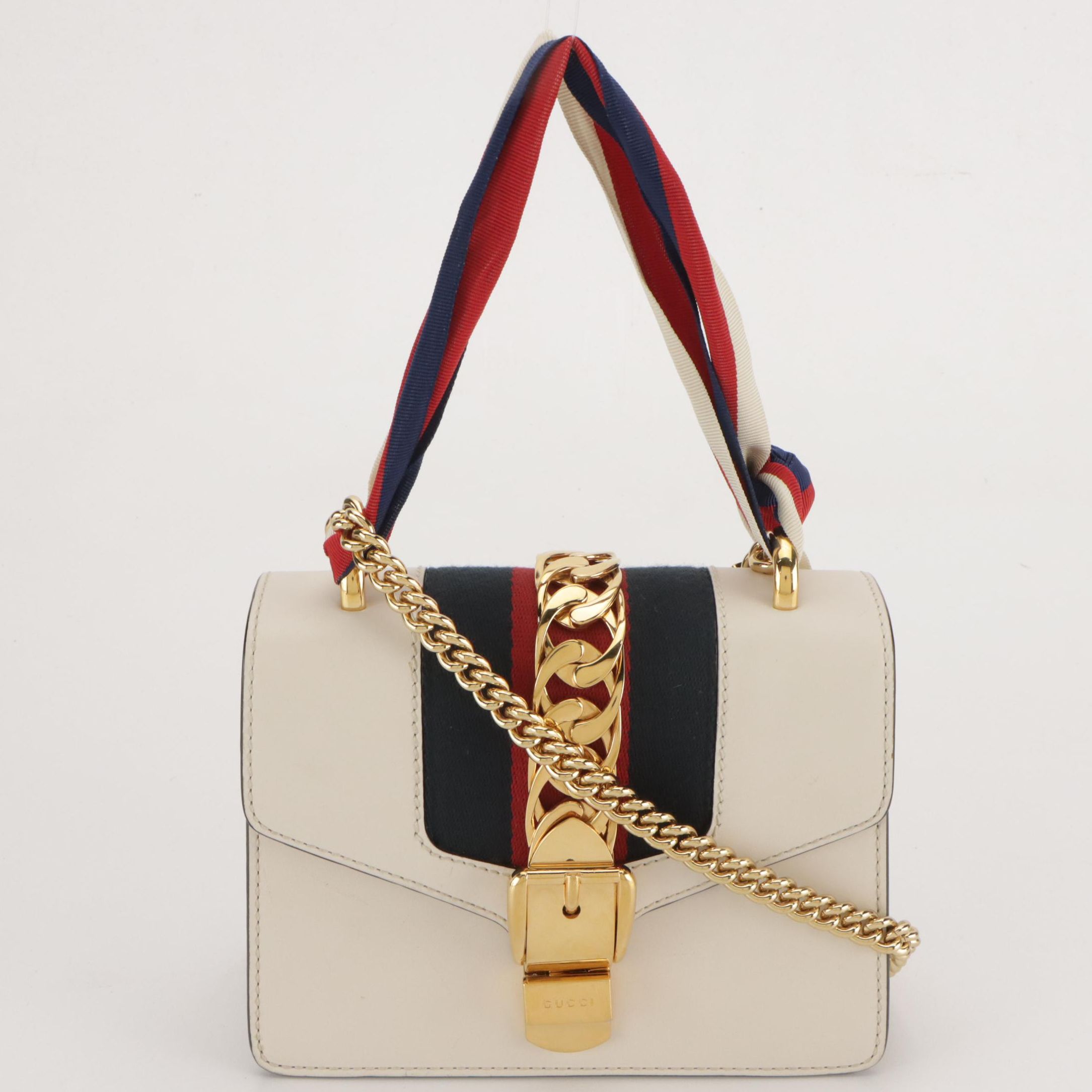Gucci Mini Sylvie Two-Way Bag in Web Striped White Calfskin Leather