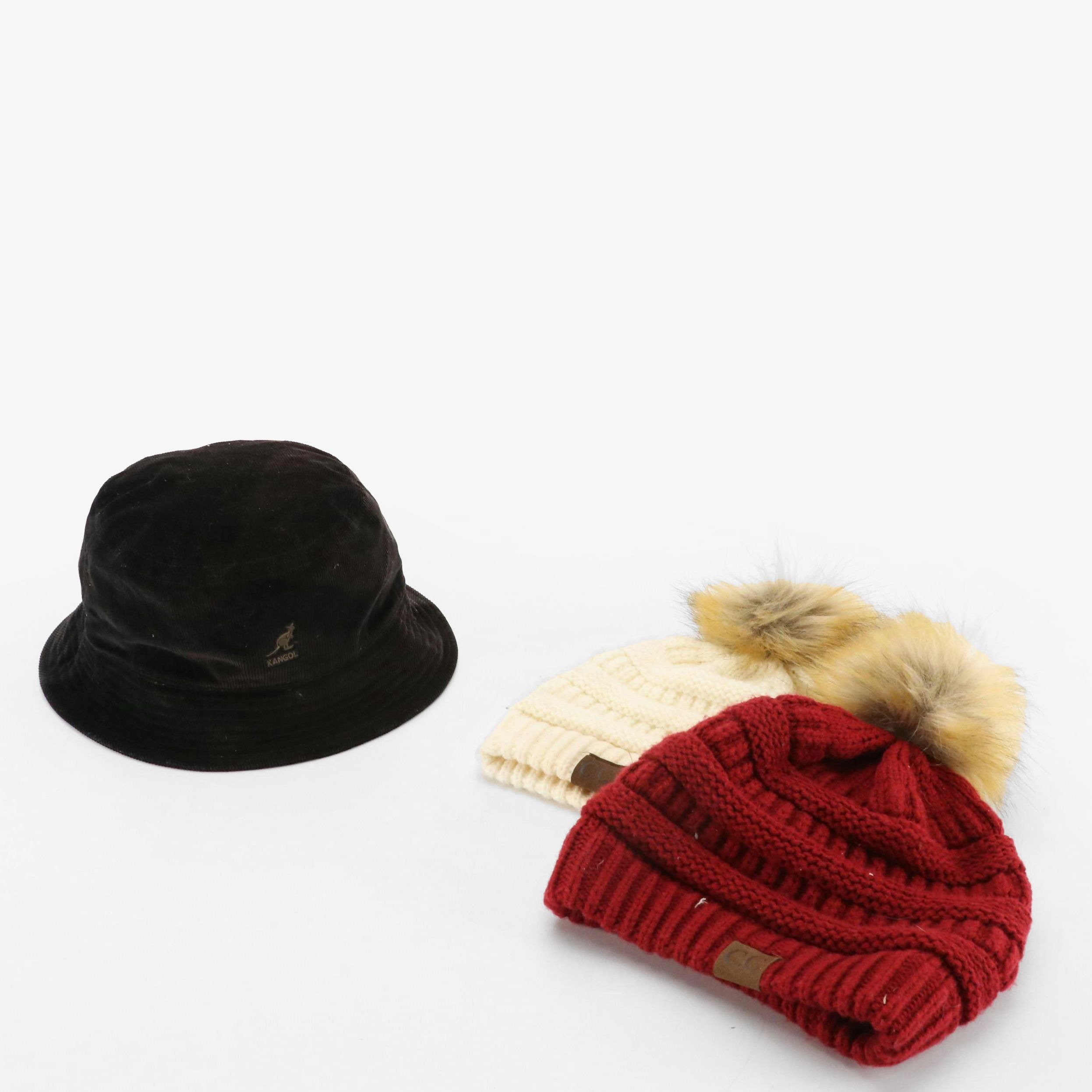 Kangol Black Cord Bucket Hat with Red and White Knit Beanie with Faux-Fur PomPom