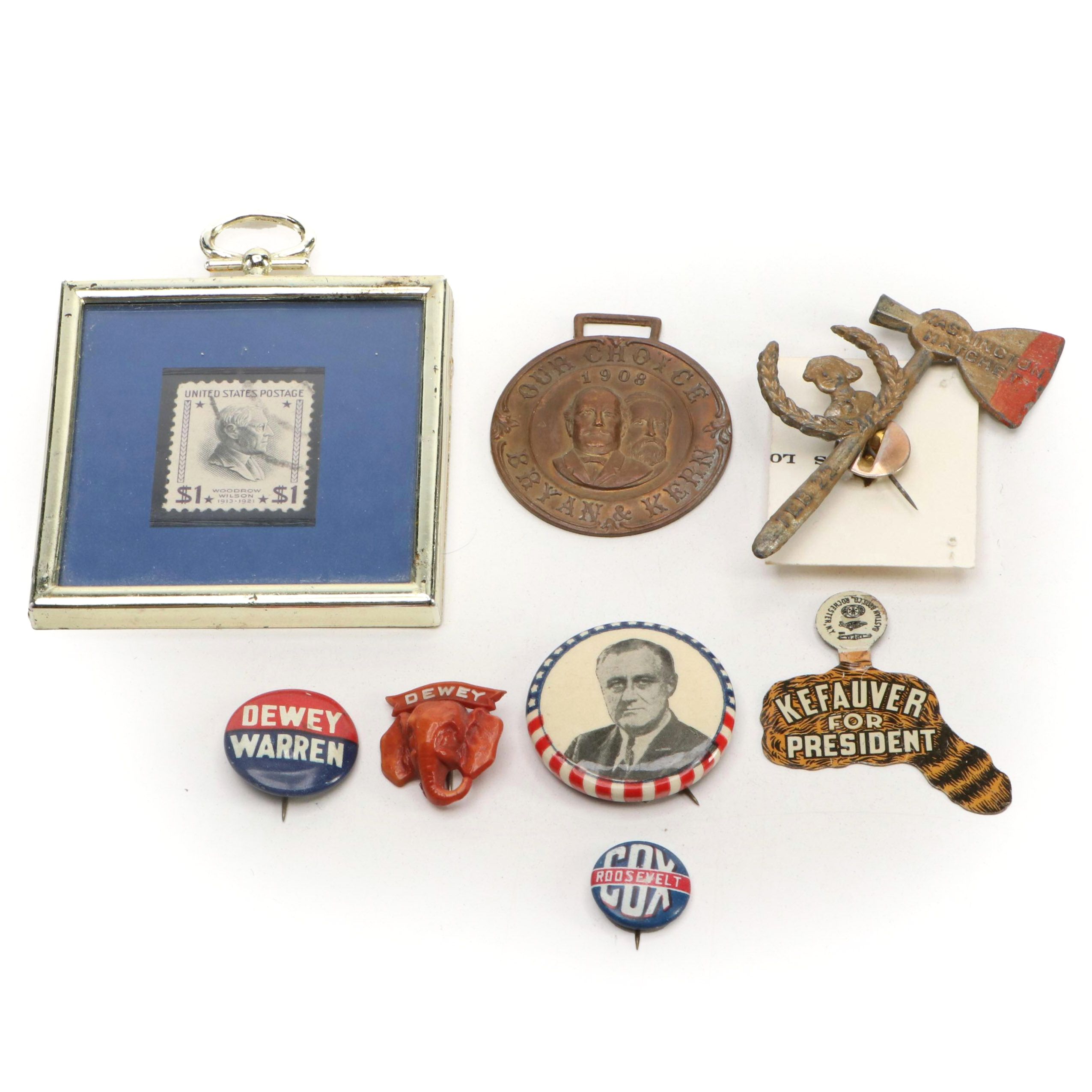 1908 Bryan & Kern Watch Fob with Woodrow Wilson Postage Stamp and Other Pinbacks