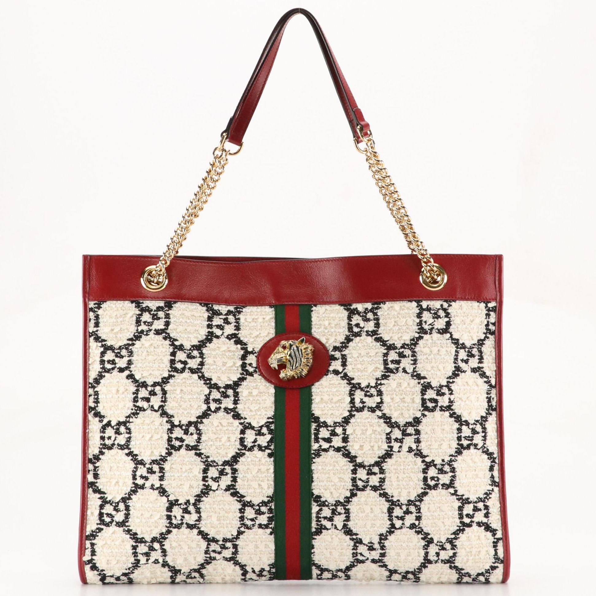 Gucci Large Rajah Black & White Tweed Monogram & Web Tote with Red Leather Trim
