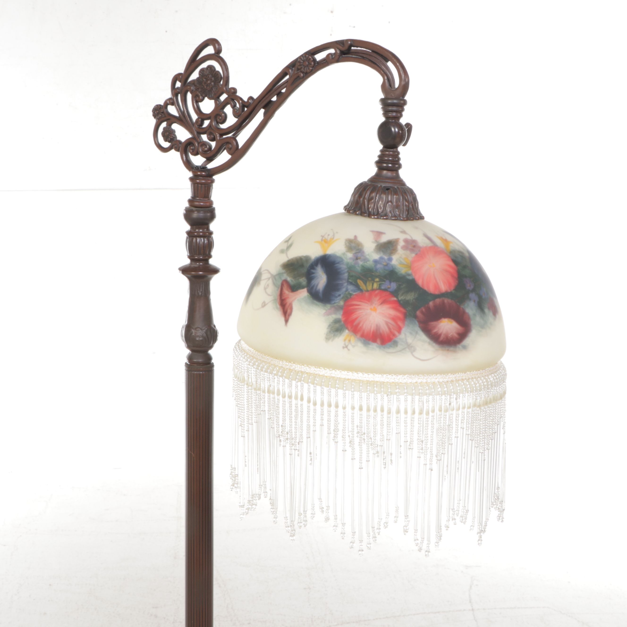 Victorian Style Bronze Painted Bridge Arm Lamp with Reverse Painted Shade