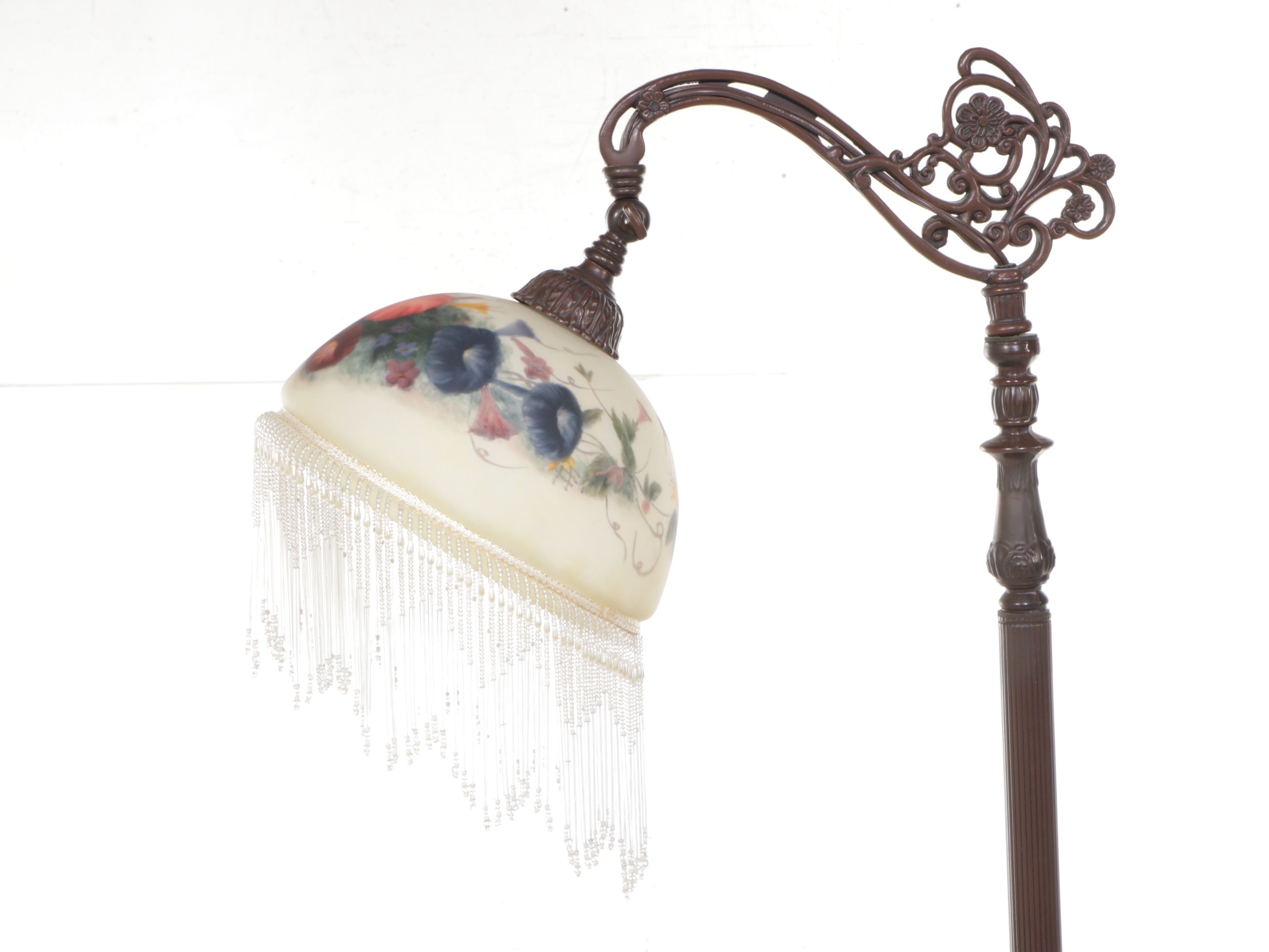 Victorian Style Bronze Painted Bridge Arm Lamp with Reverse Painted Shade