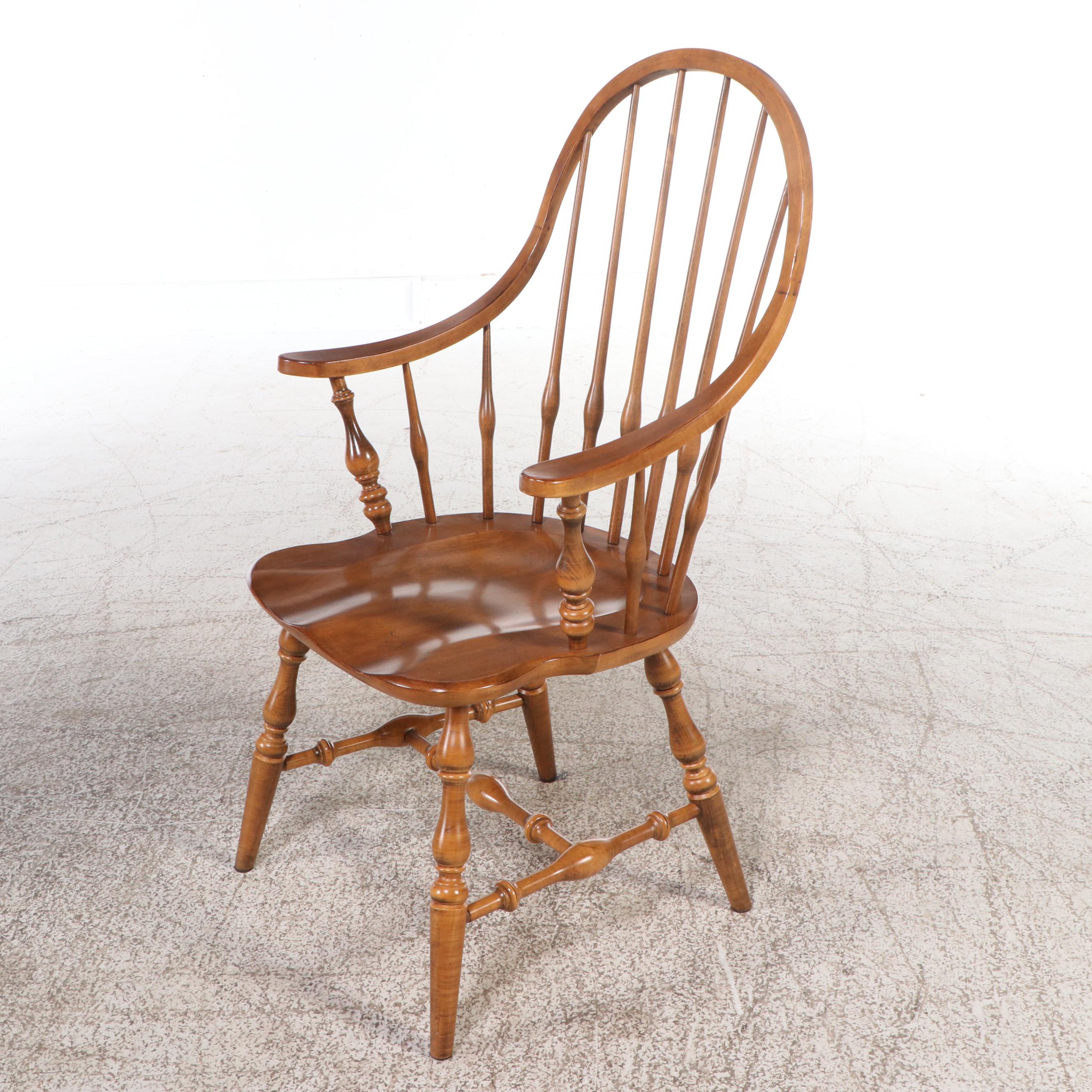 Ethan Allen Queen Anne Style Maple Dining Table with Six Windsor Style Armchairs