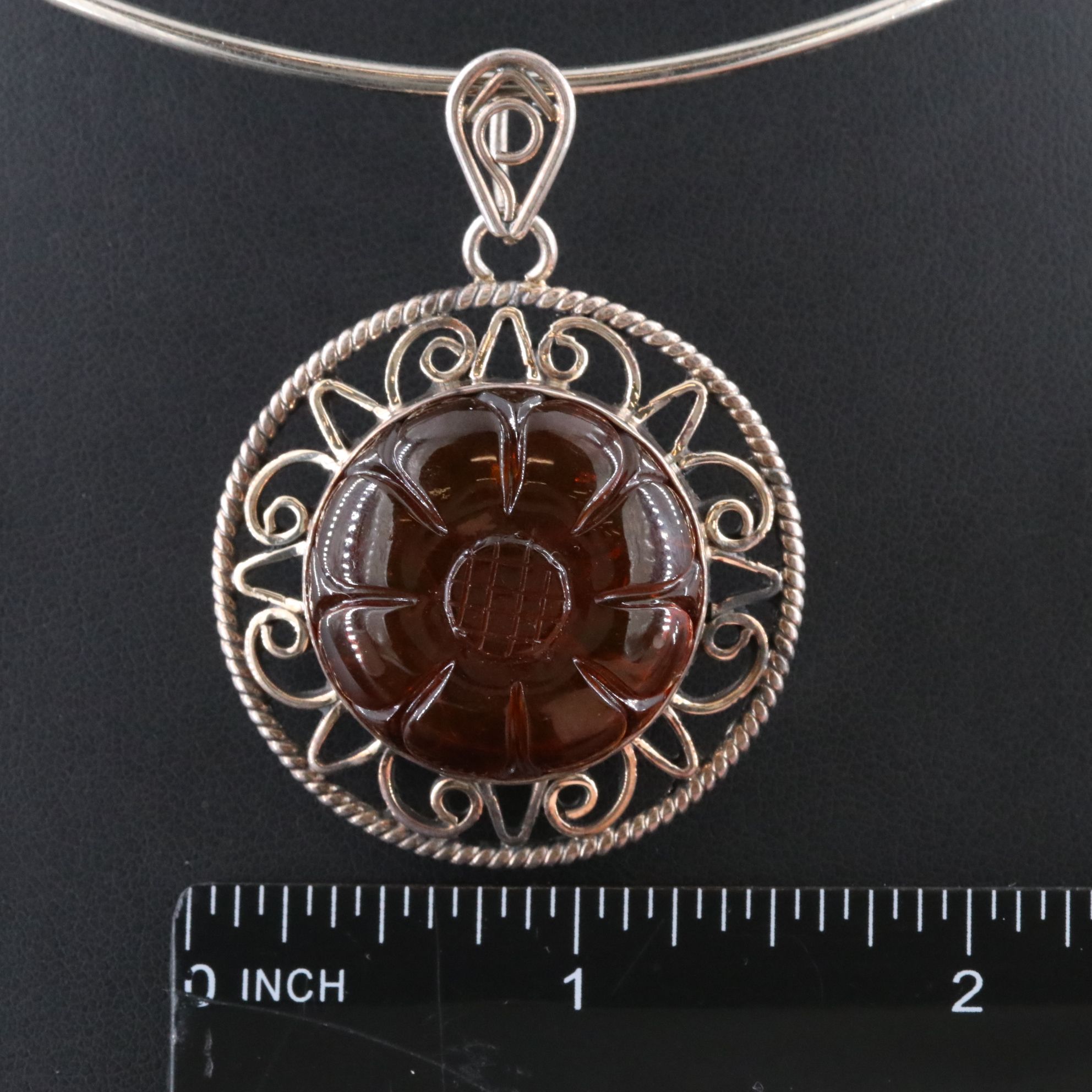Sterling Amber Pendant on Collar Necklace