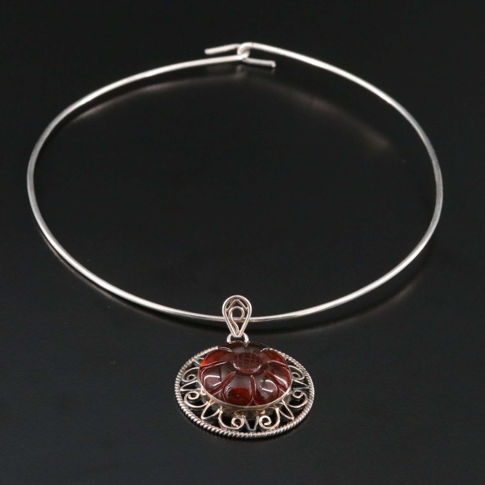Sterling Amber Pendant on Collar Necklace